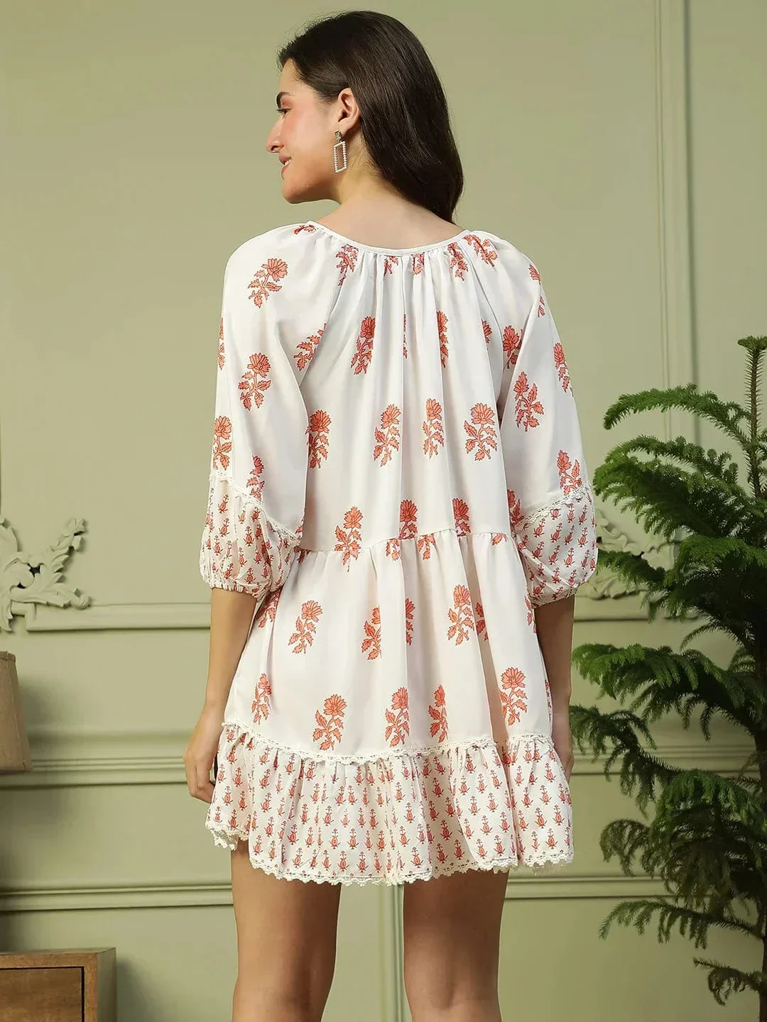 Off White Floral Print Long Sleeve Women Dress - Image 5