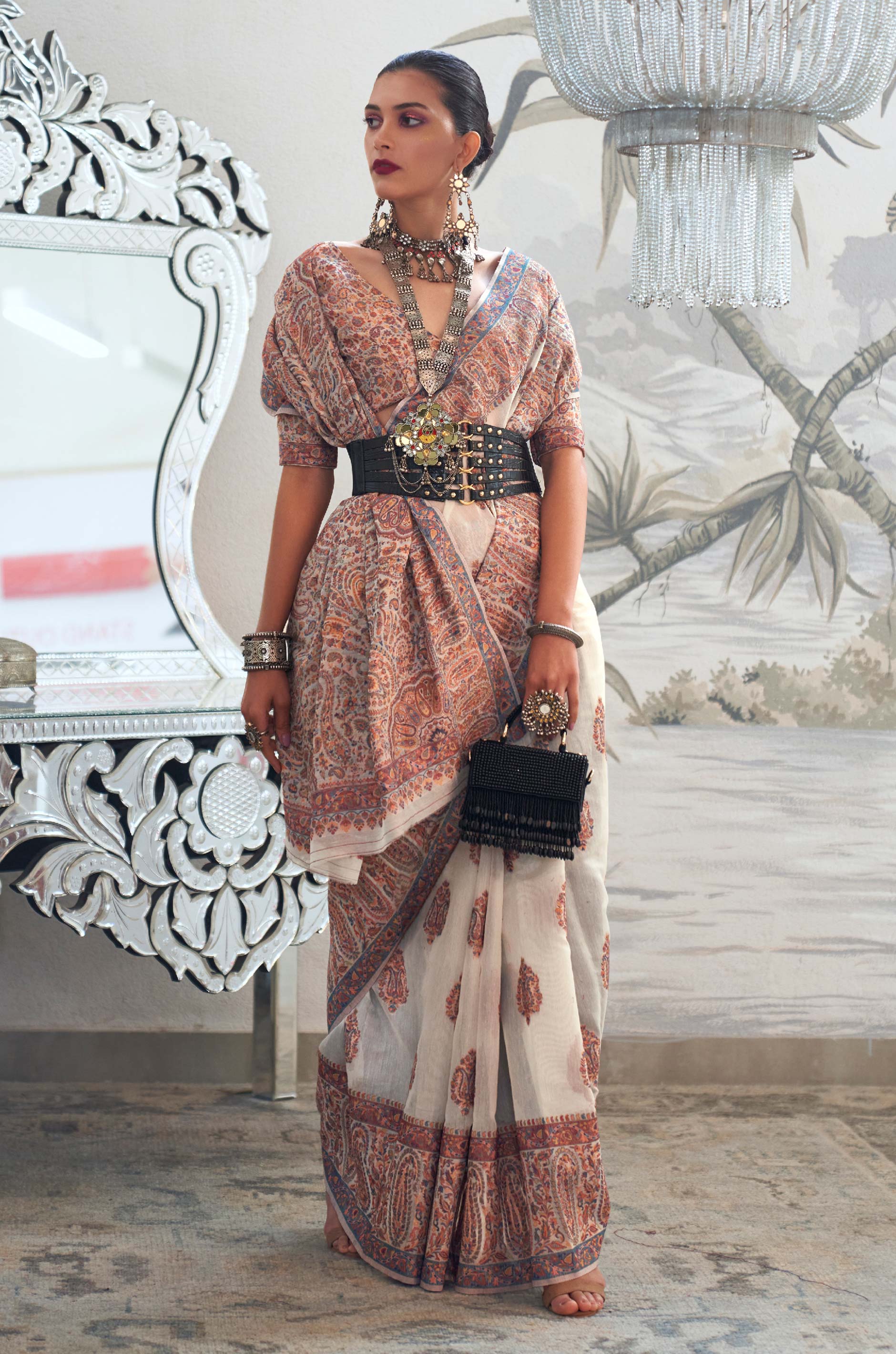 Off White Kashmiri Modal Silk Saree