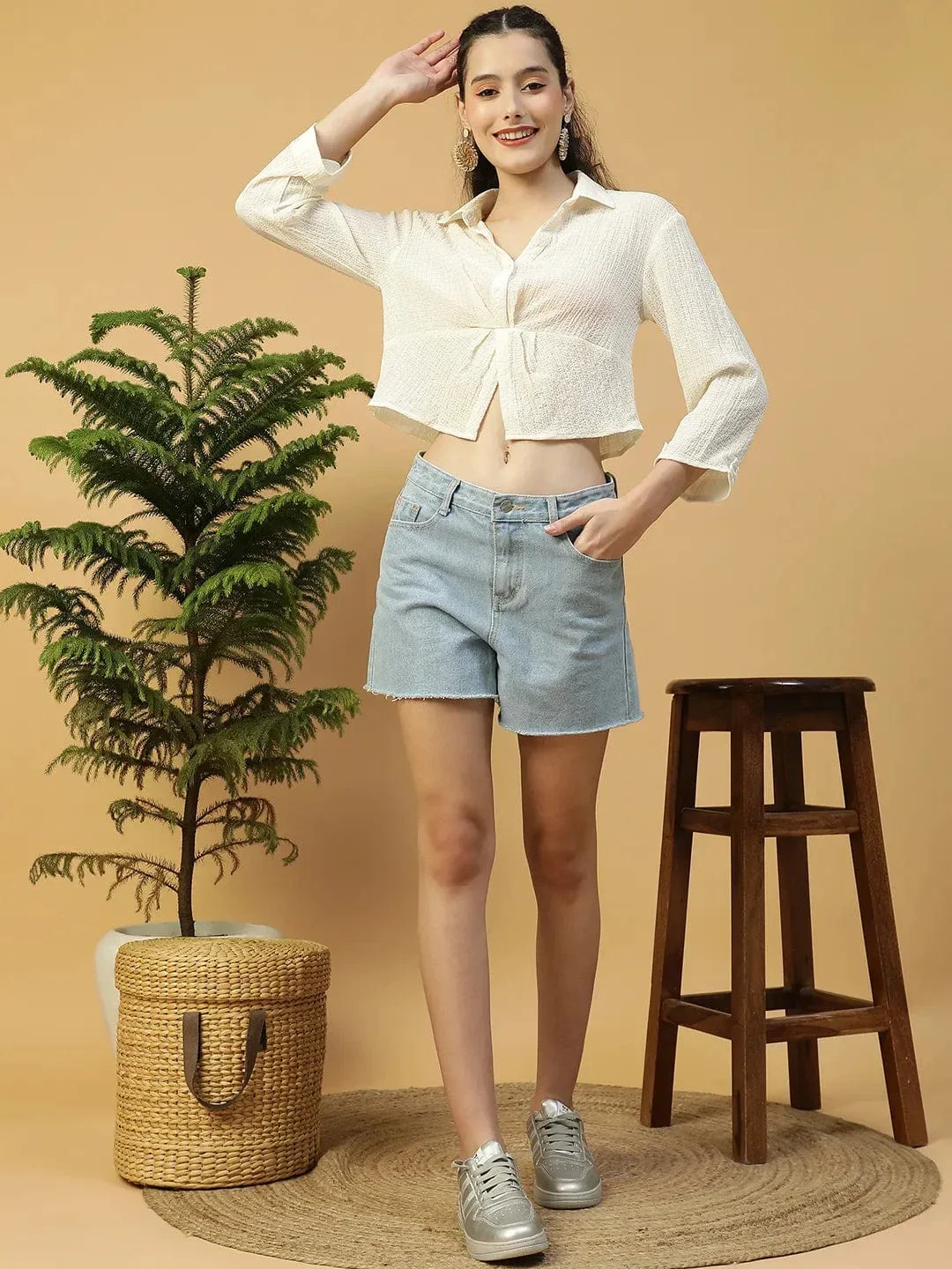 Off-White Long Sleeve Open Collar Women Crop Shirt - Image 2