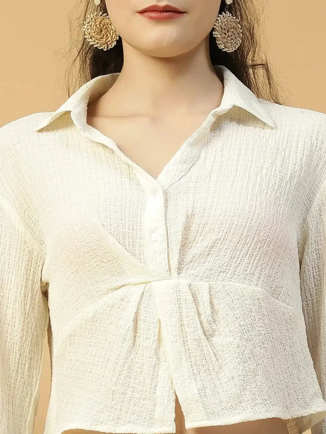 Off-White Long Sleeve Open Collar Women Crop Shirt - Image 6