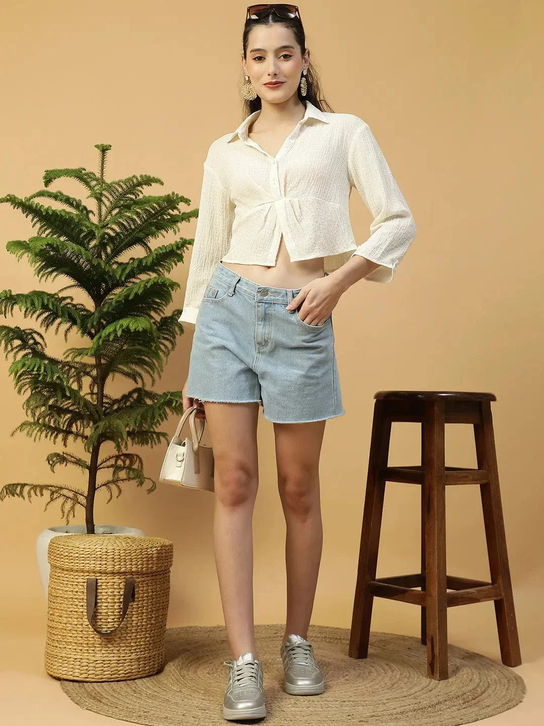 Off-White Long Sleeve Open Collar Women Crop Shirt - Image 8