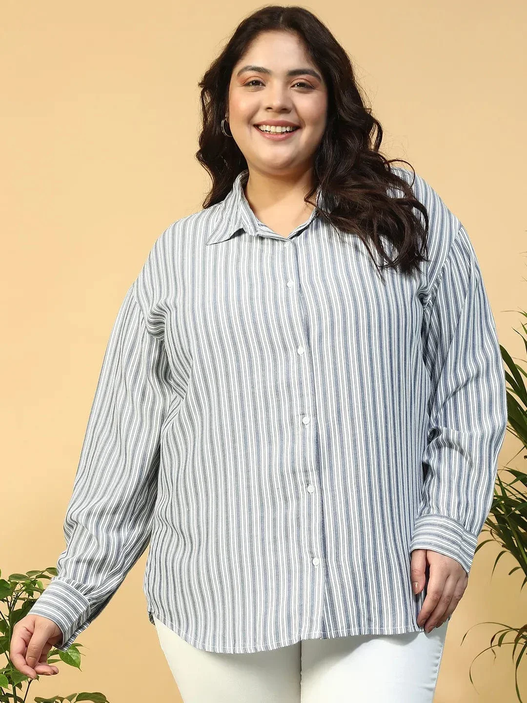 Offical Blue Collared Stripe Print Long Sleeve Button Down Linen Plus Size Women Cotton Shirt