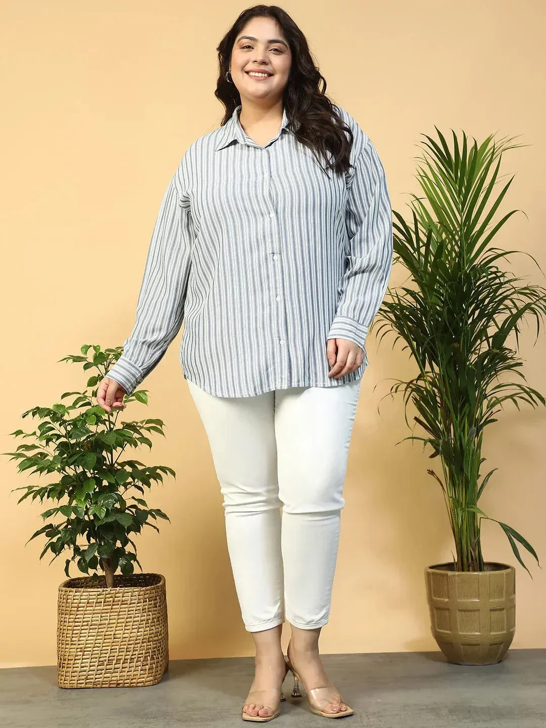 Offical Blue Collared Stripe Print Long Sleeve Button Down Linen Plus Size Women Cotton Shirt - Image 2