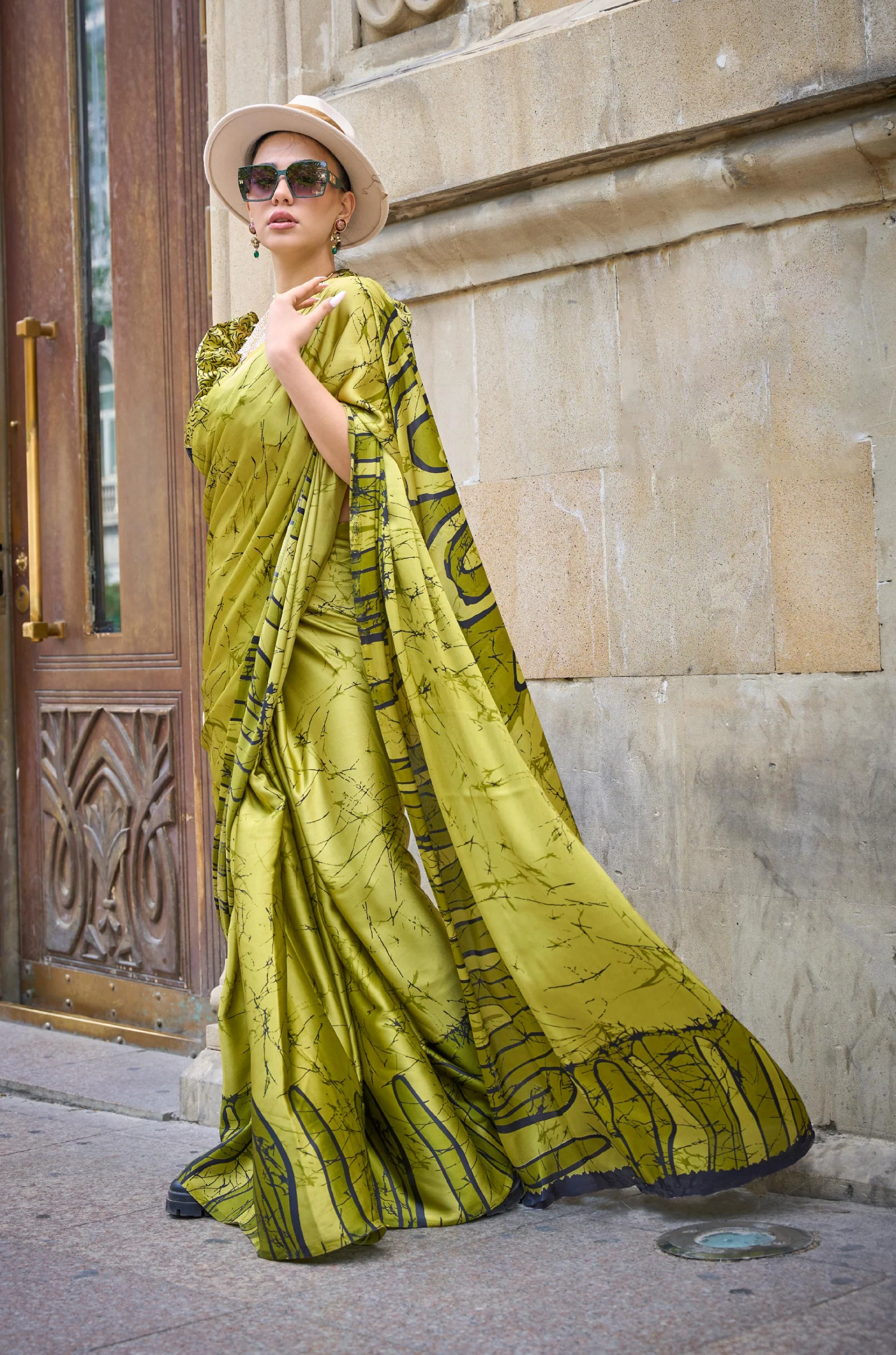 Olive Green Digital Print Satin Crepe Saree