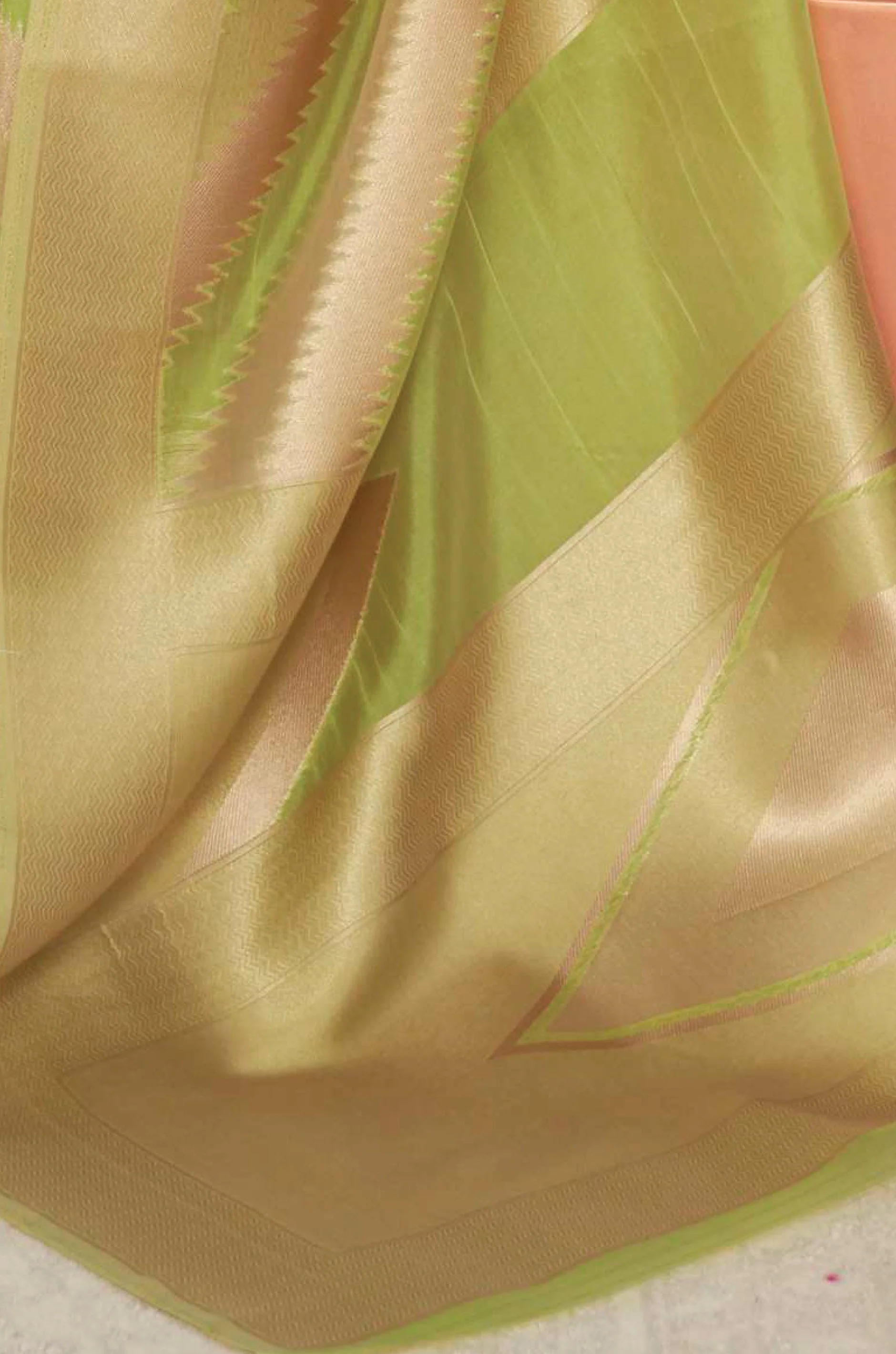 Olive Green Golden Woven Organza Saree - Image 2
