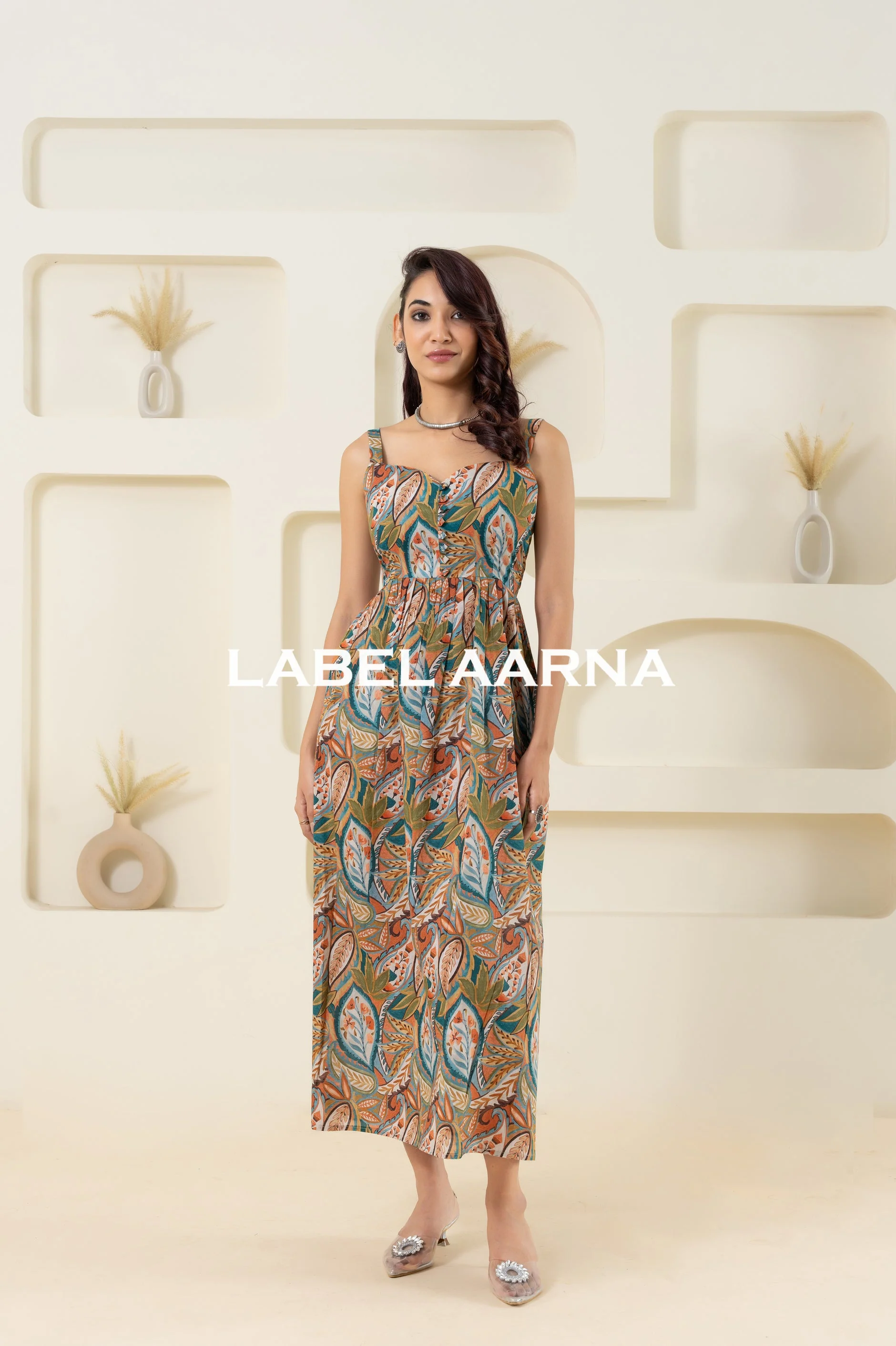 Olive Green Pure Cotton Sleeveless Printed Sweet Heart Dress