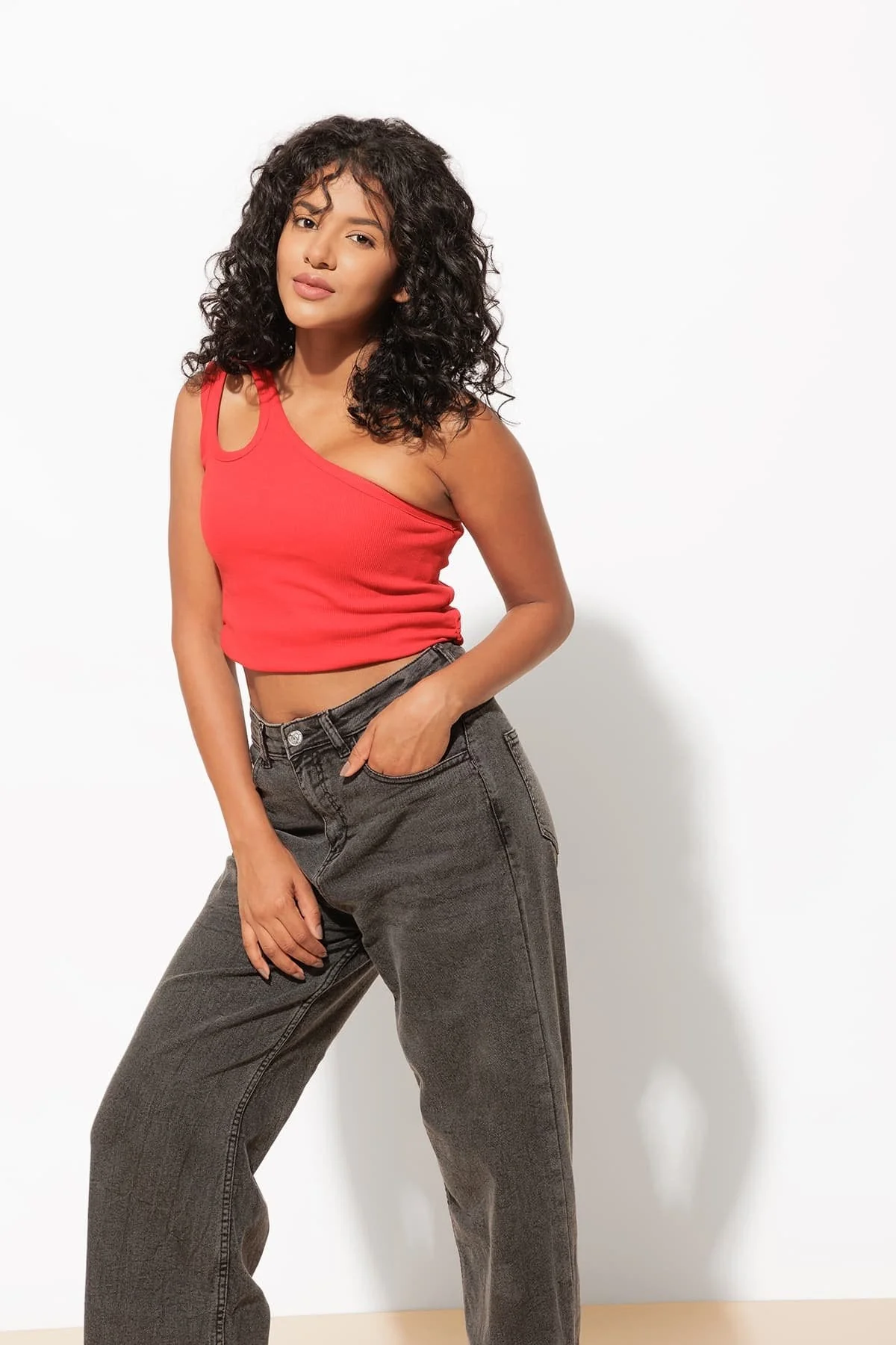 One shoulder Ribbed Red Crop Top - Image 5