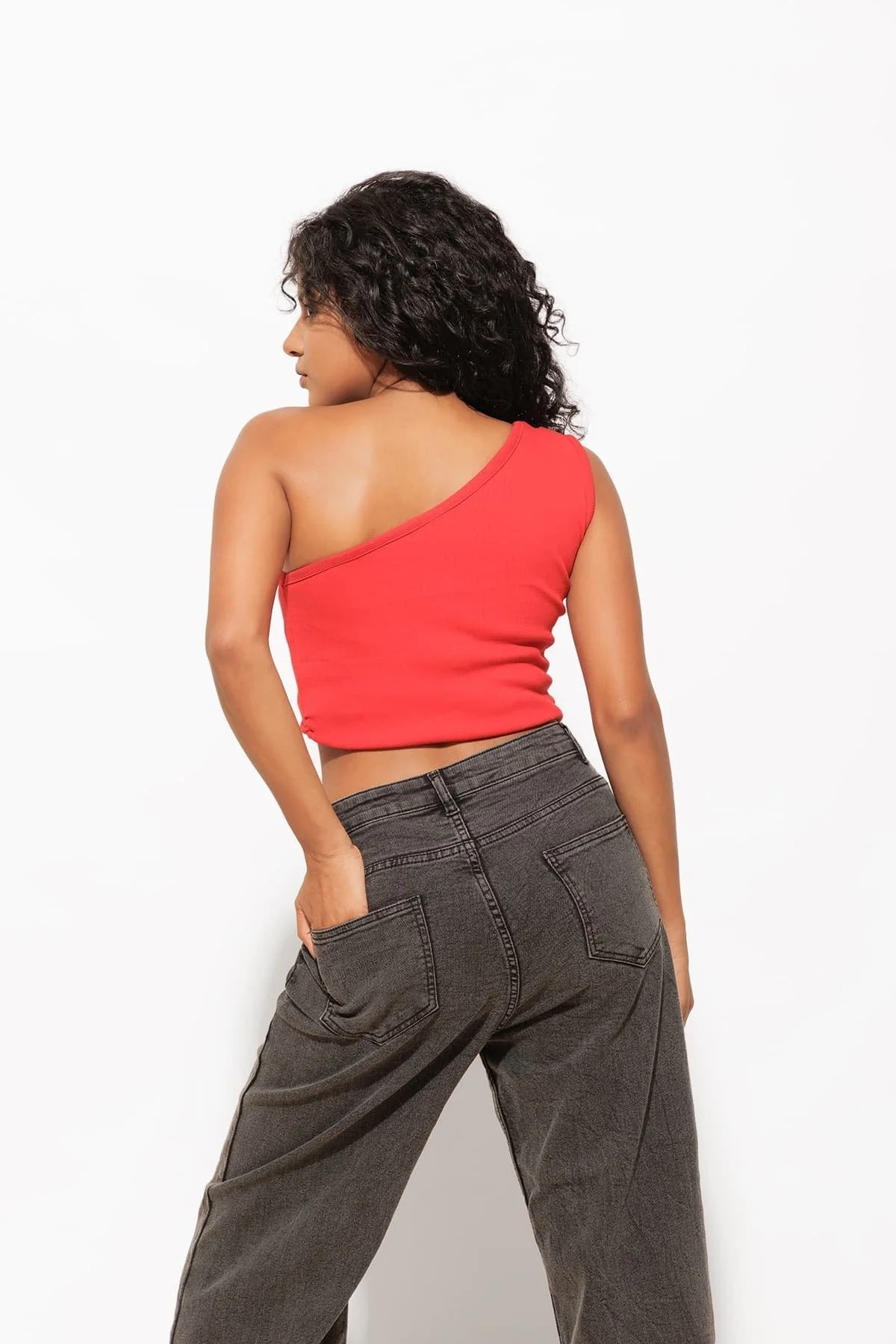 One shoulder Ribbed Red Crop Top - Image 6