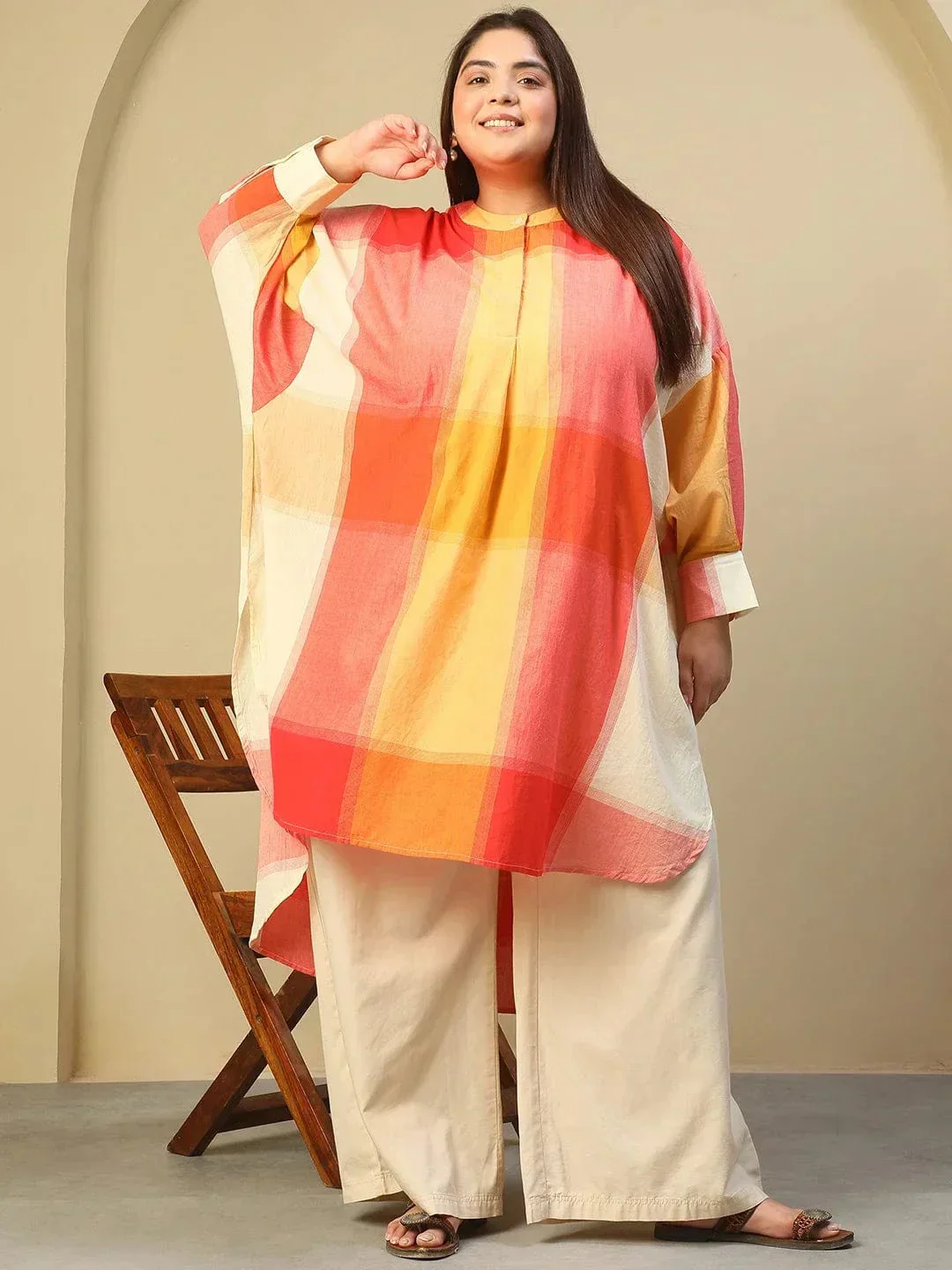 Orange Check Round Neck With Button Placket Long Sleeve High Low Yarn Dyed Check Print Plus Size Women Cotton Tunic - Image 7