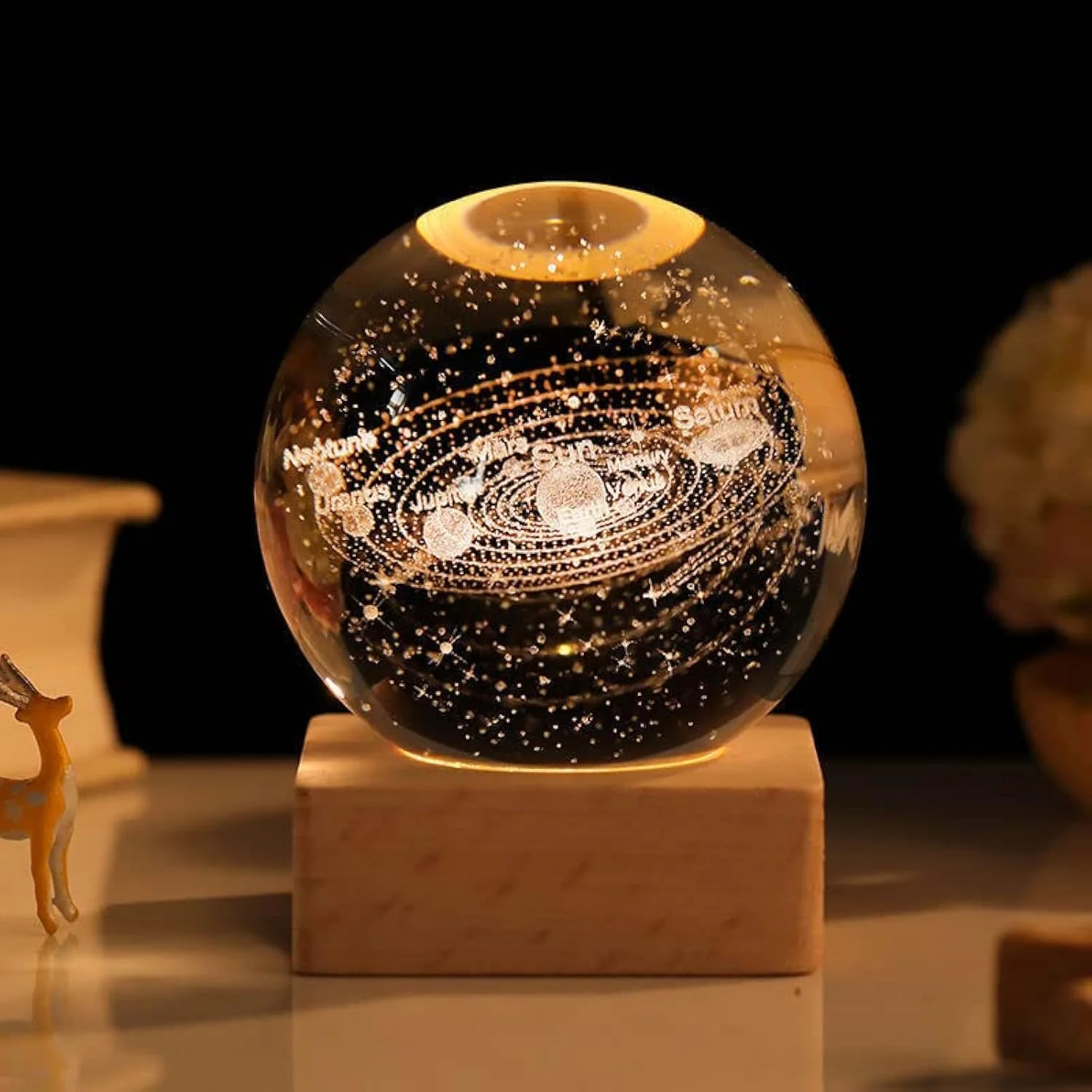Orbito: 3D Crystal Ball Night Lamp with Engraved Solar System, USB-Powered LED Light with Wooden Base for Home Décor (60mm)