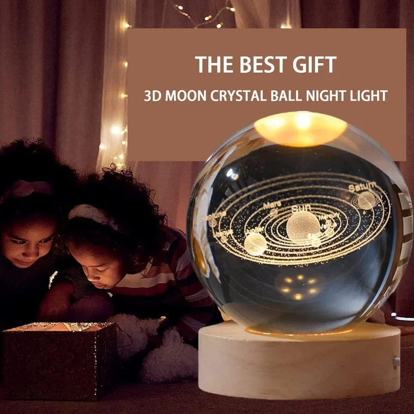 Orbito: 3D Crystal Ball Night Lamp with Engraved Solar System, USB-Powered LED Light with Wooden Base for Home Décor (60mm) - Image 2