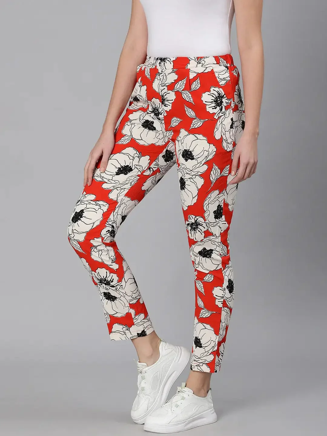 Oscar Red Floral Print Elasticated Women Pant - Image 3