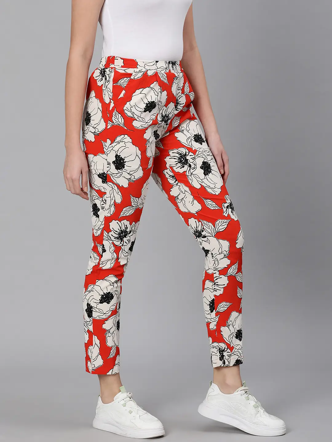 Oscar Red Floral Print Elasticated Women Pant - Image 4