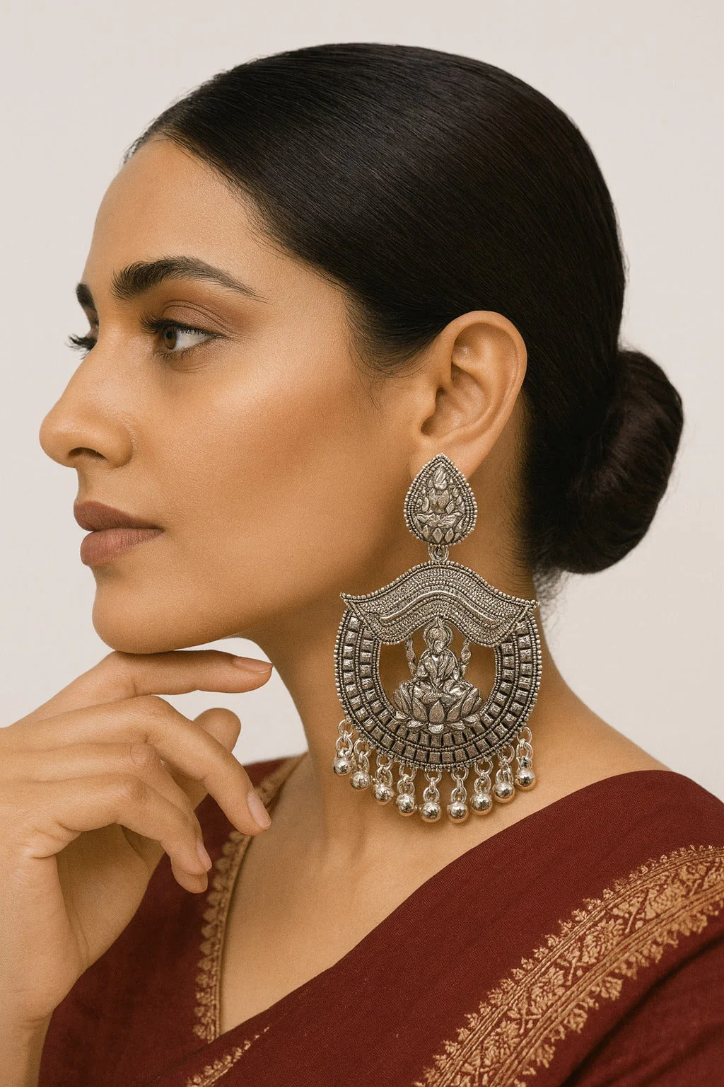 Oxidized Silver Lakshmi Temple Earrings with Lotus Motif & Beaded Drops - Image 2