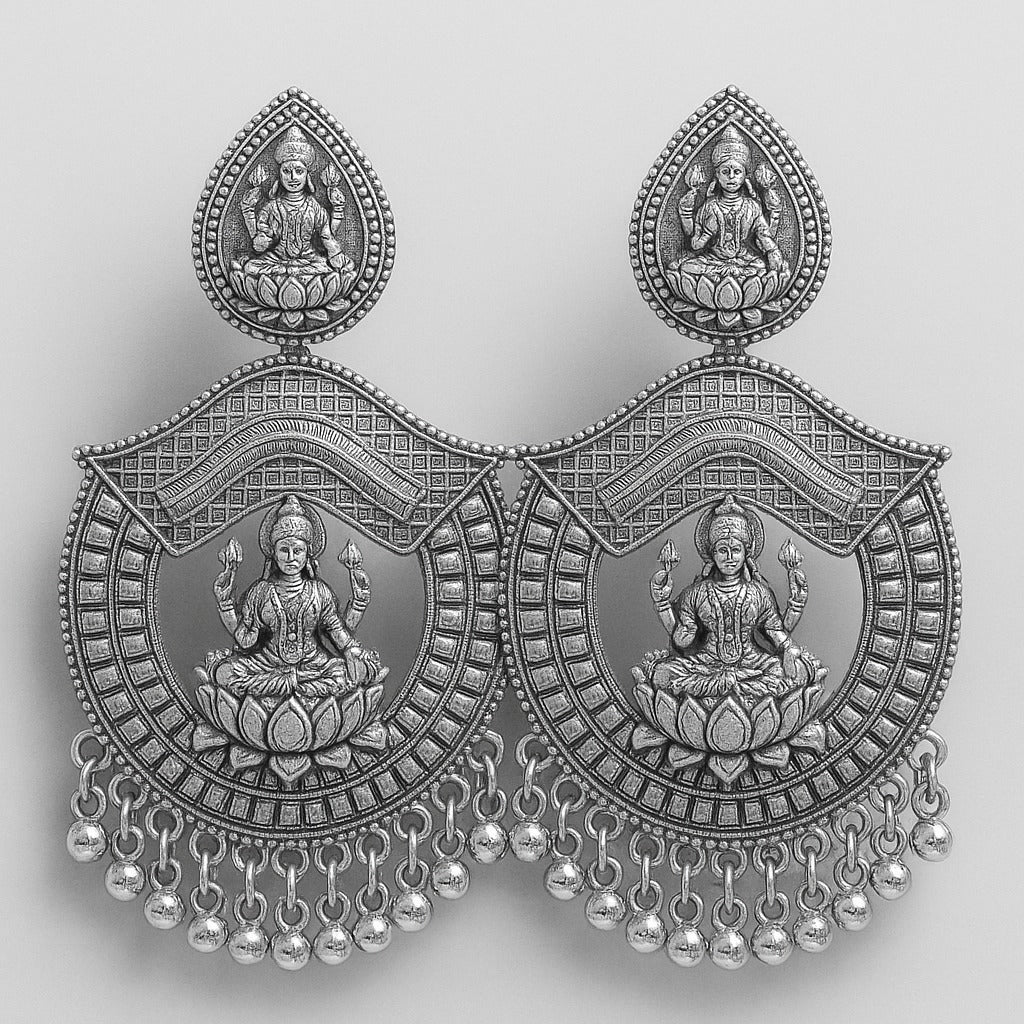 Oxidized Silver Lakshmi Temple Earrings with Lotus Motif & Beaded Drops - Image 5