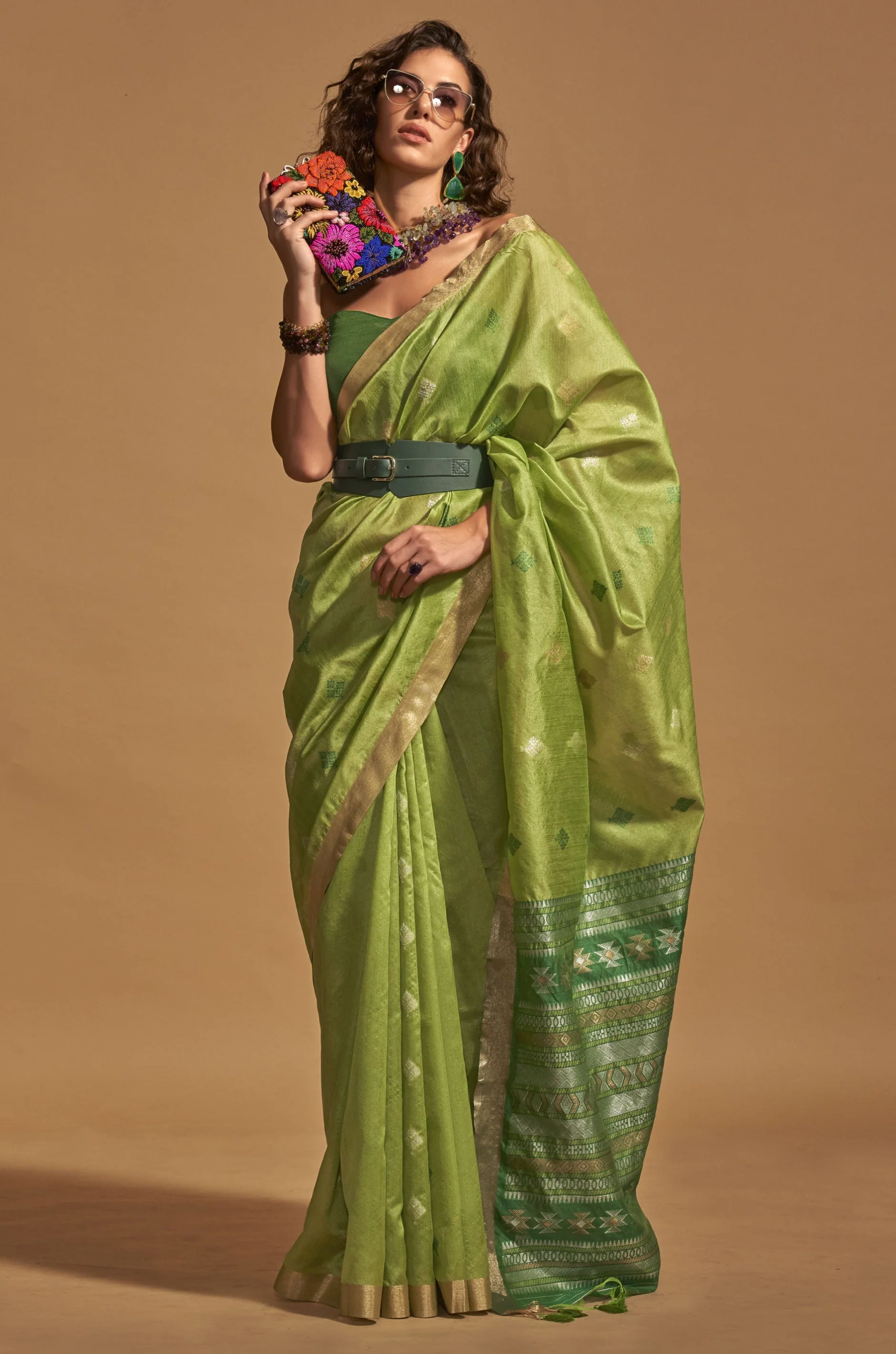 Parrot Green Woven Silk Saree