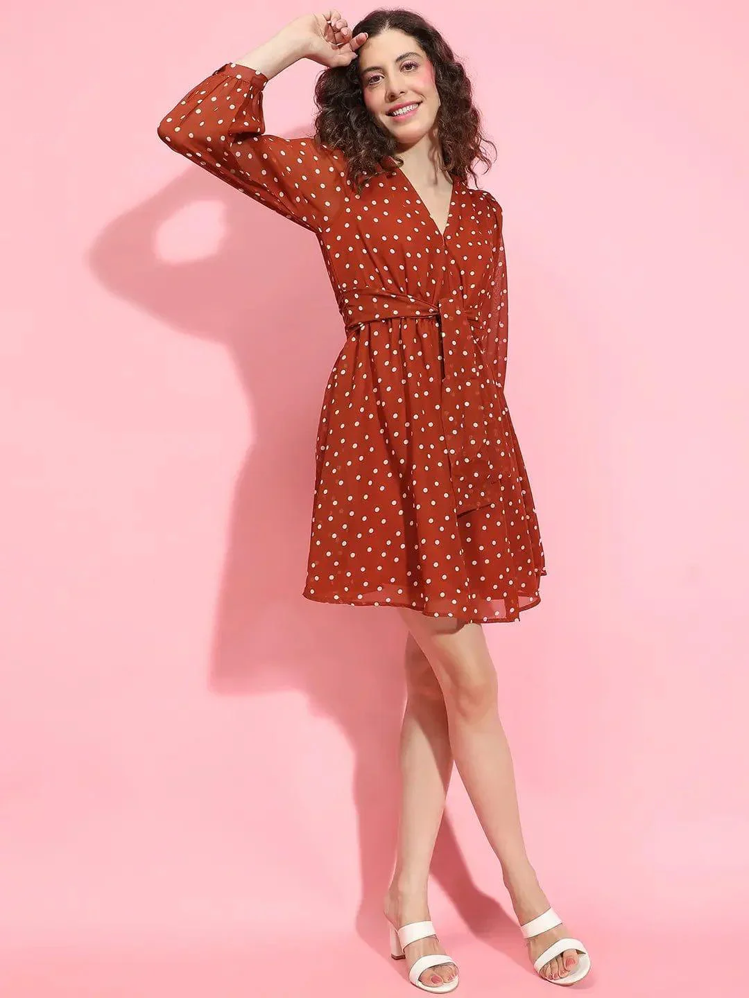 Party Polka Print Brown Color Elasticated Dress for Women Dress - Image 2