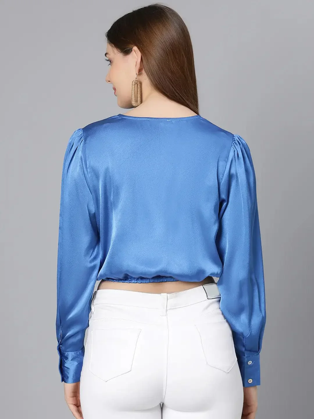 Party Wear Solid Blue Elasticated Women Partywear Satin Crop Top - Image 5
