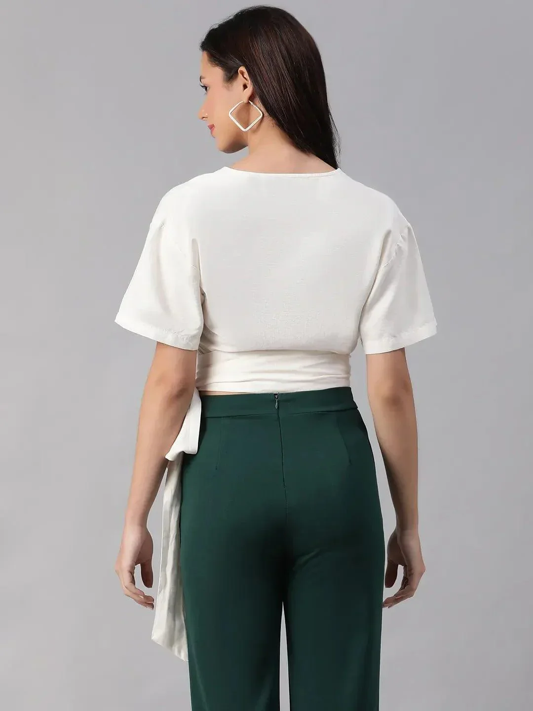 Party White V-Neck Short Sleeve Tie-Knot Belt Crop Top - Image 5