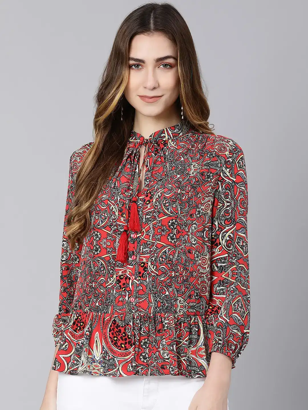 Passe Red Tropical Print Women Top
