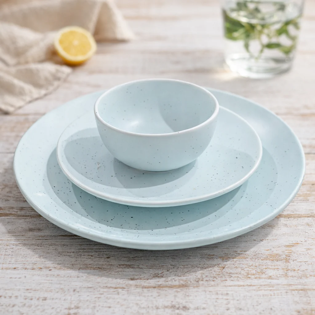 Pastel Blue Ceramic Dinnerware Set | Plate, Side Plate & Bowl Combo | Minimal Speckled Design Tableware