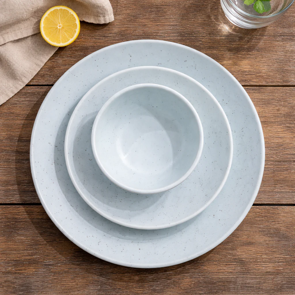 Pastel Blue Ceramic Dinnerware Set | Plate, Side Plate & Bowl Combo | Minimal Speckled Design Tableware - Image 3
