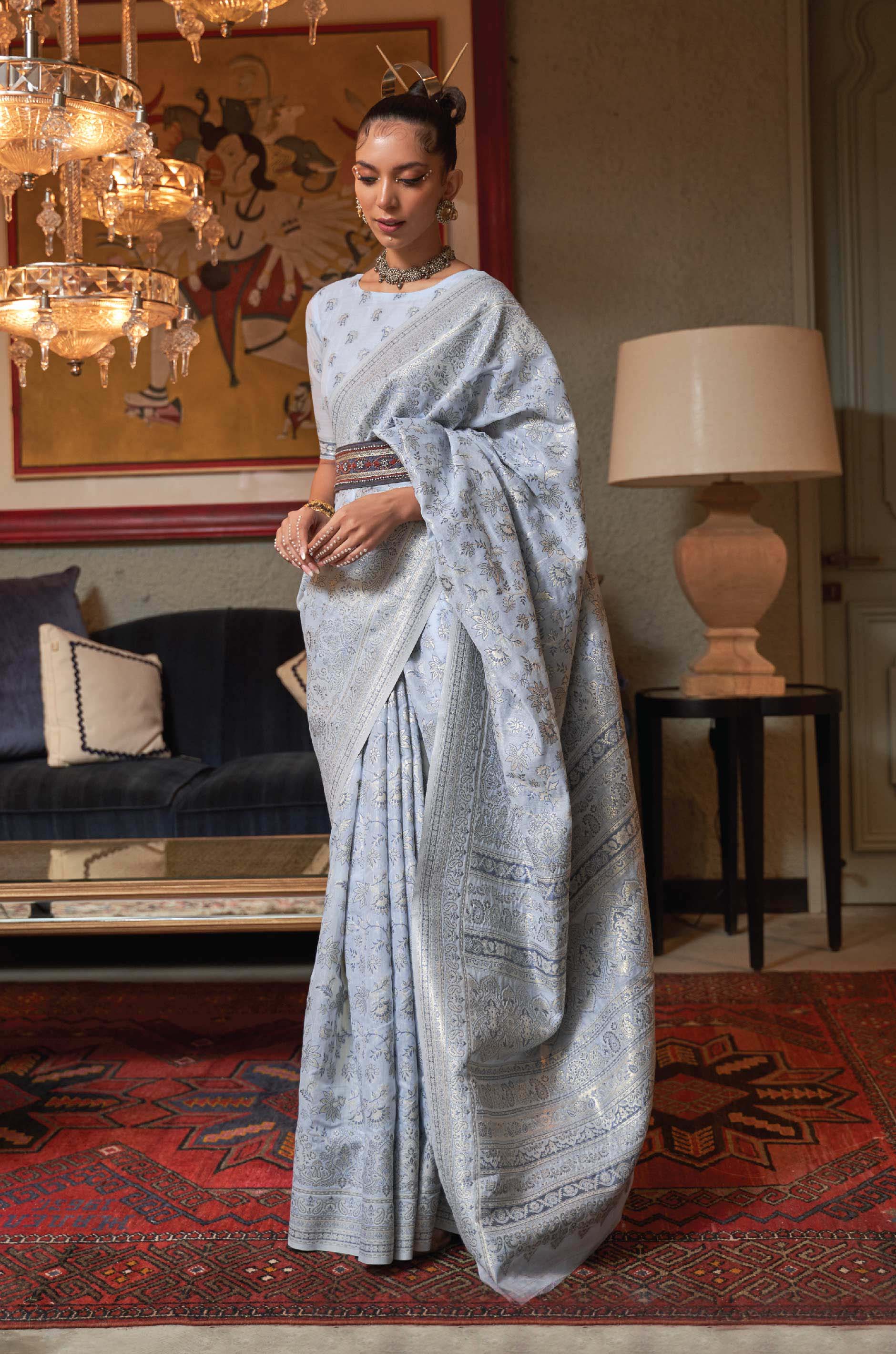 Pastel Blue Floral Woven Silk Saree