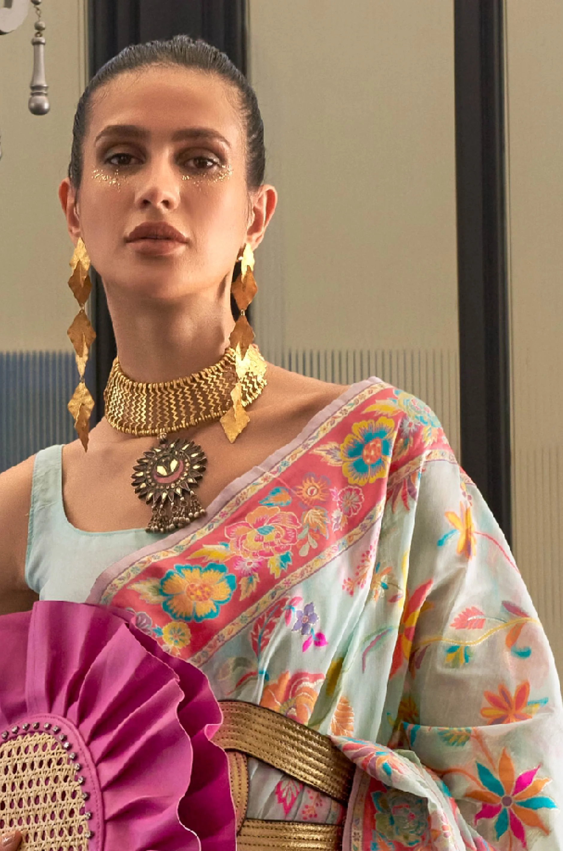 Pastel Blue Floral Woven Silk Saree - Image 4