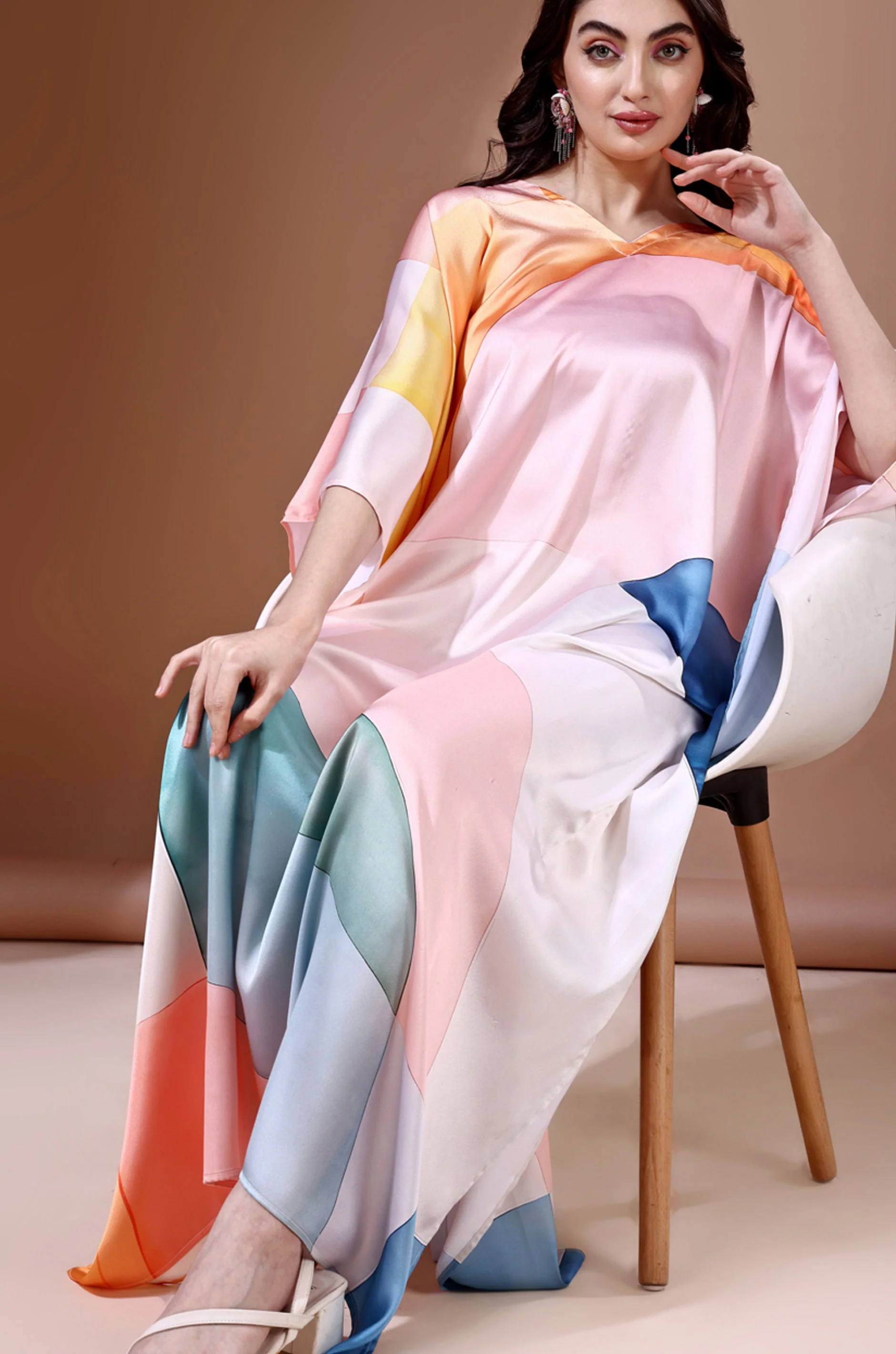 Pastel Dreamscape Soft Satin Kaftan With Digital Print - Image 3