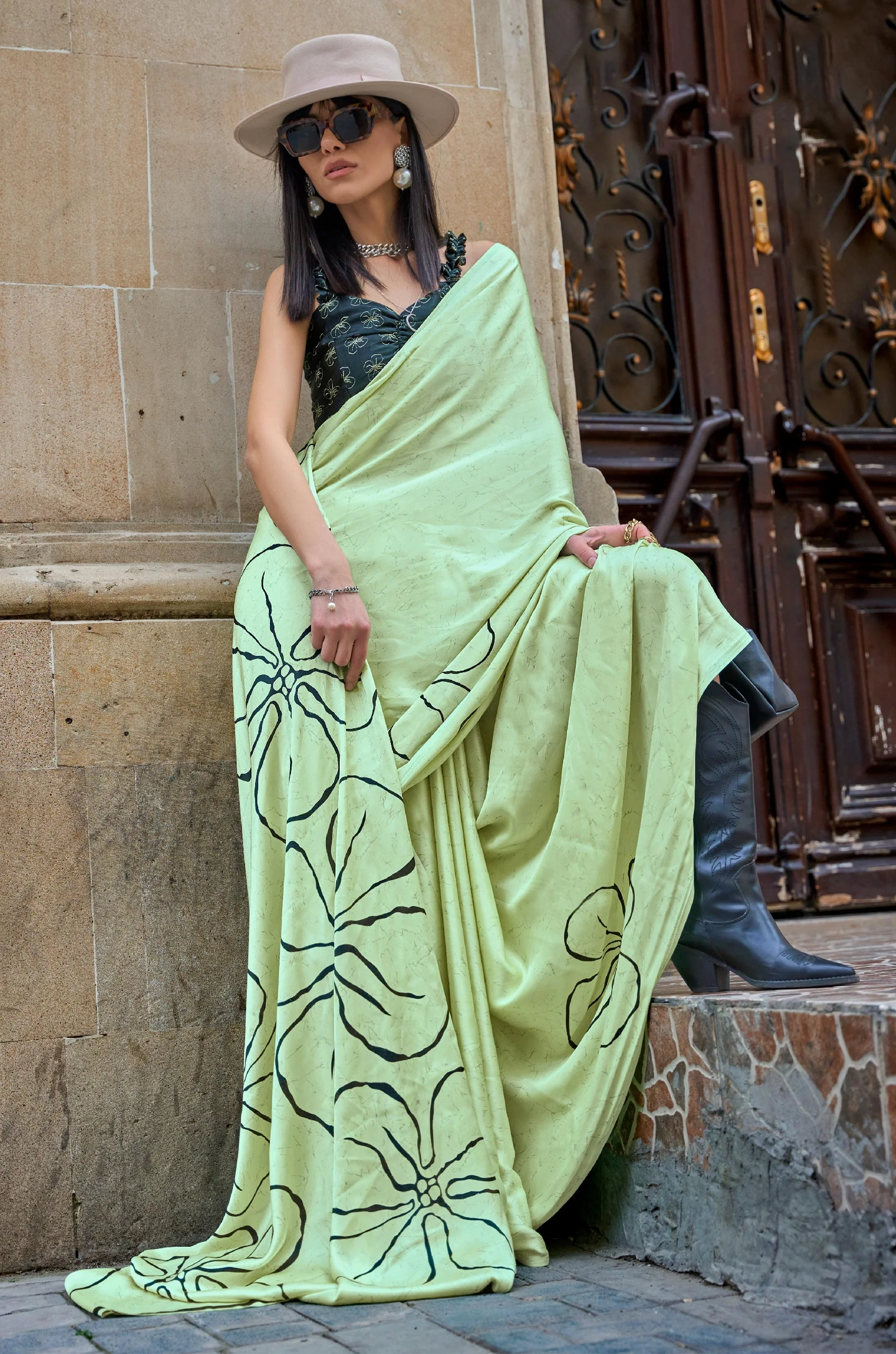 Pastel Green Black Digital Print Satin Crepe Saree - Image 3