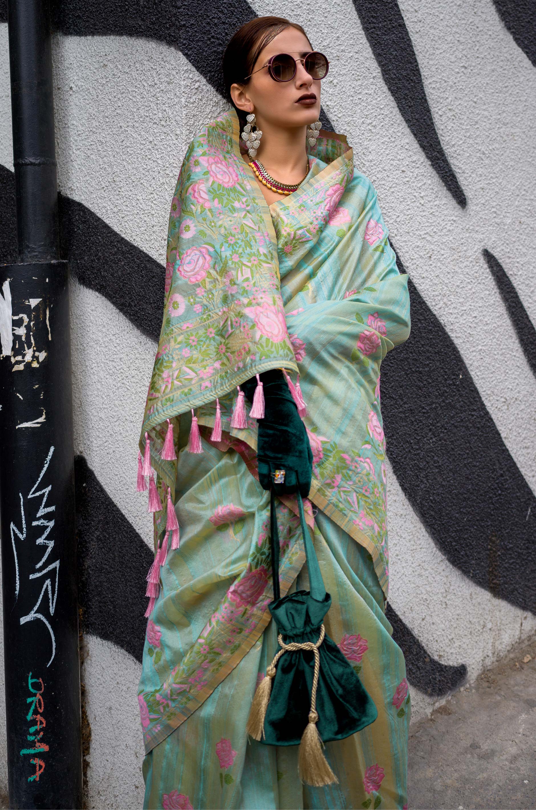 Pastel Green Floral Parsi Woven Silk Saree - Image 2