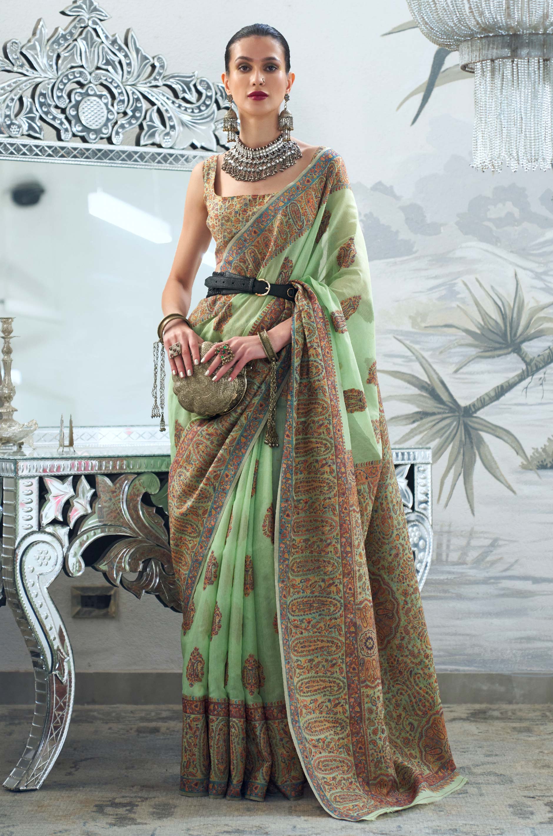 Pastel Green Kashmiri Modal Silk Saree