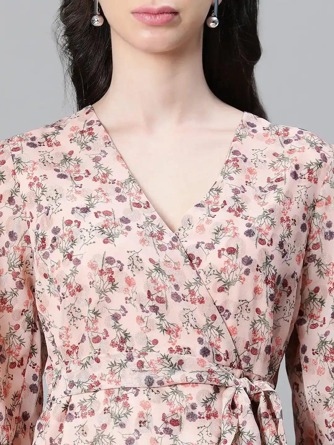 Pastel Peach Floral Lurex Print Tie-Knot Belted Party Top - Image 6