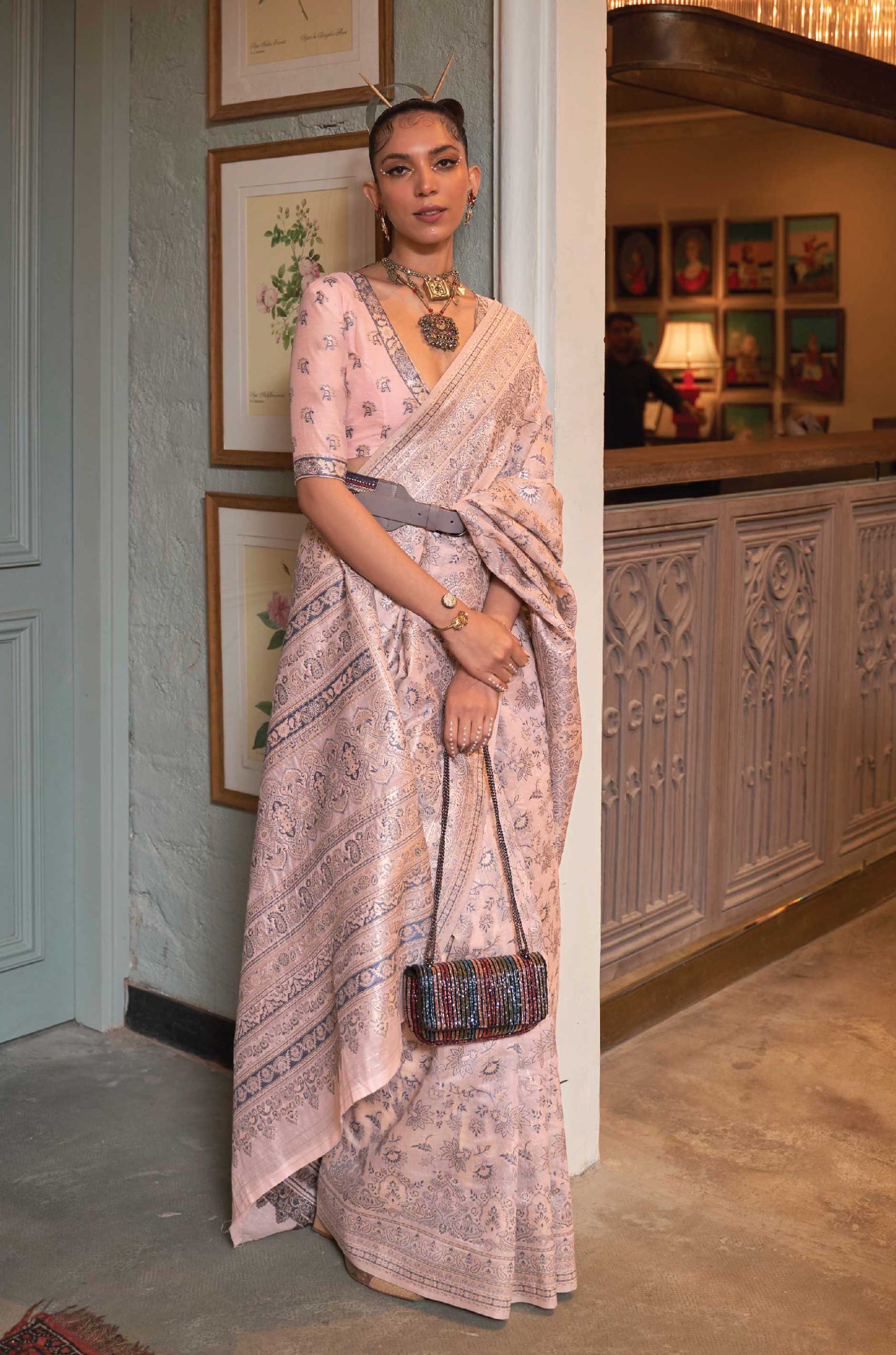 Pastel Peach Floral Woven Silk Saree