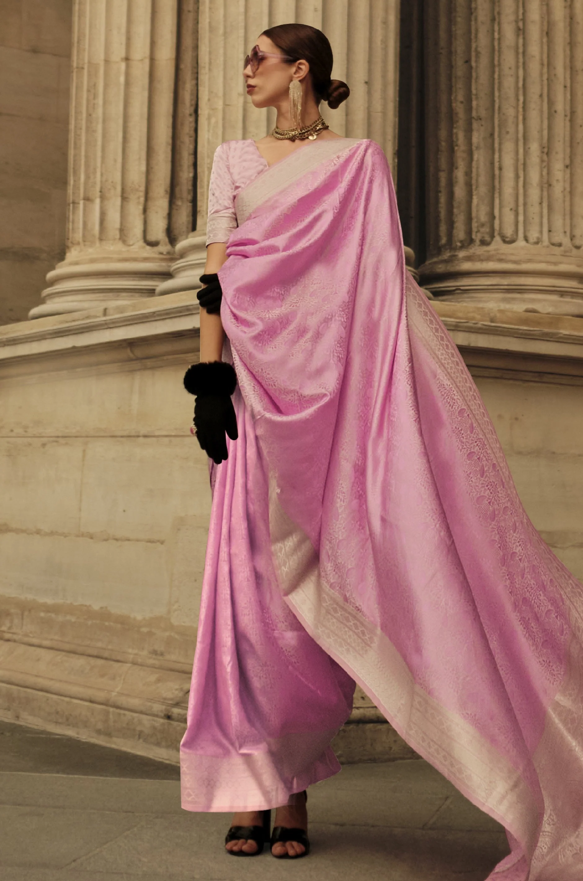 Pastel Pink Woven Satin Silk Saree