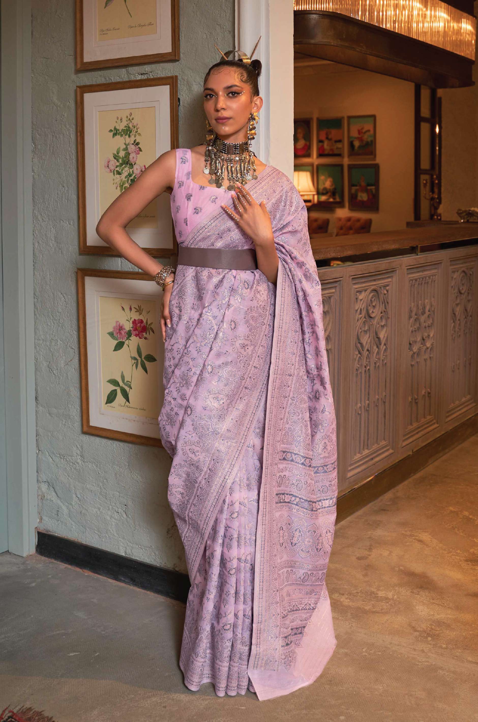 Pastel Purple Floral Woven Silk Saree