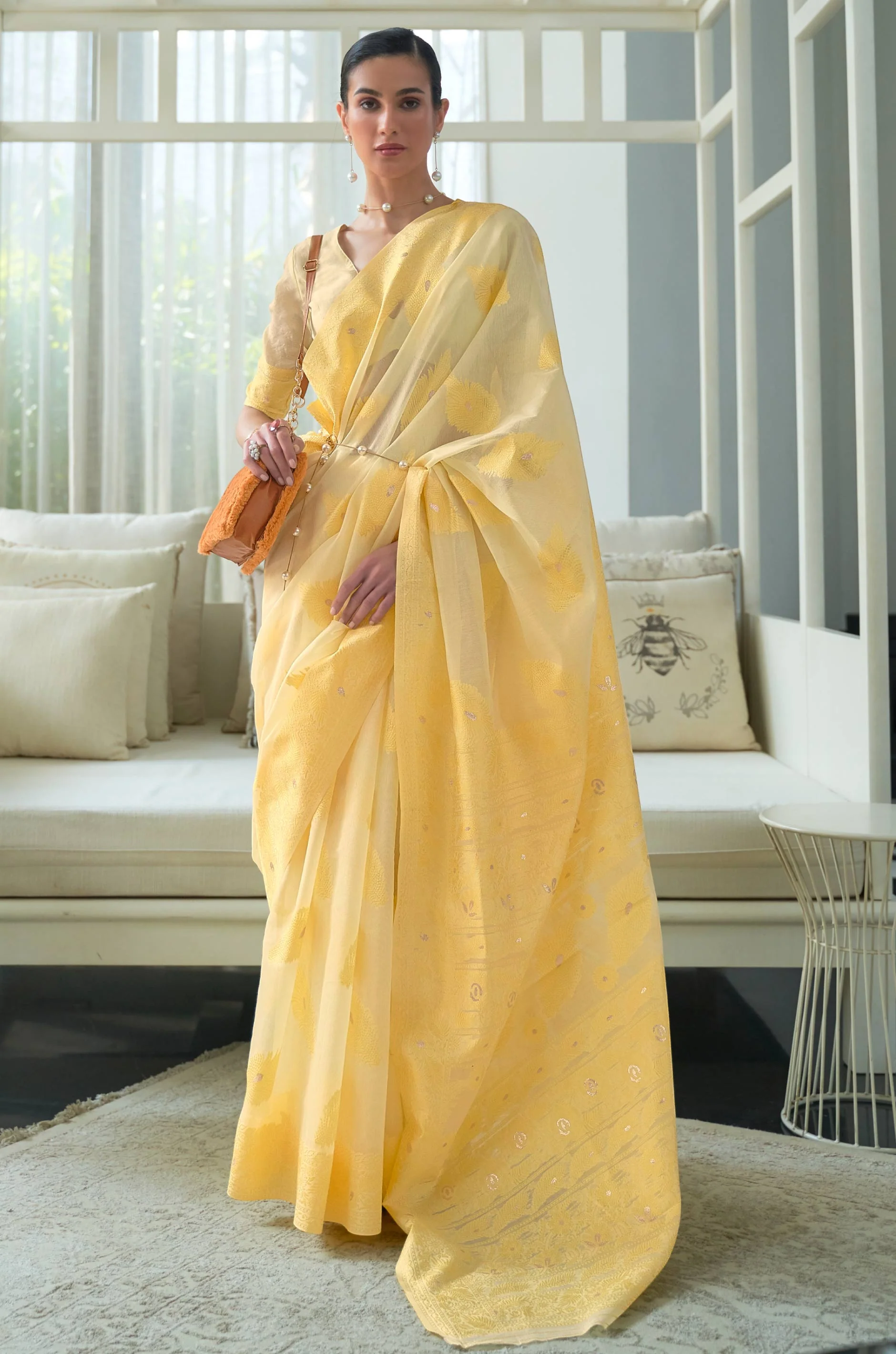 Pastel Yellow Woven Chikankari Banarasi Saree