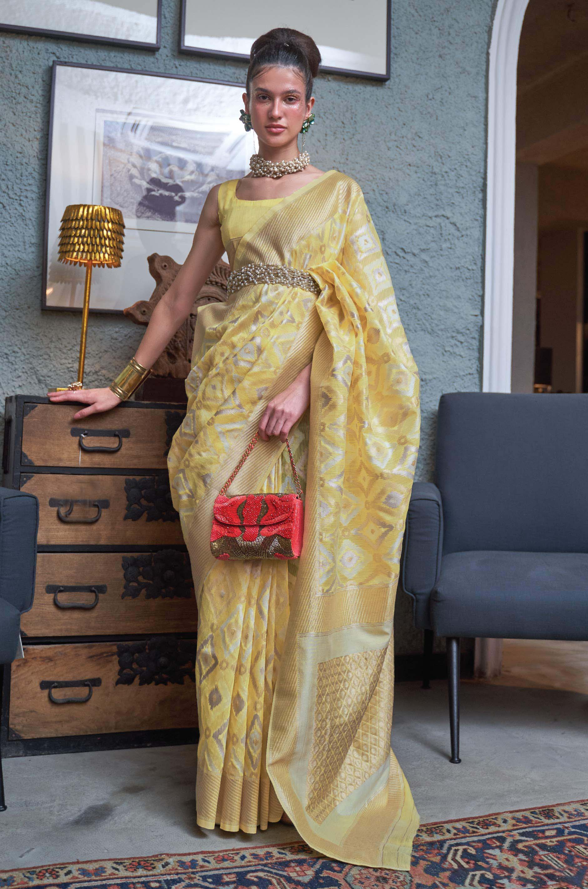 Pastel Yellow Woven Linen Saree