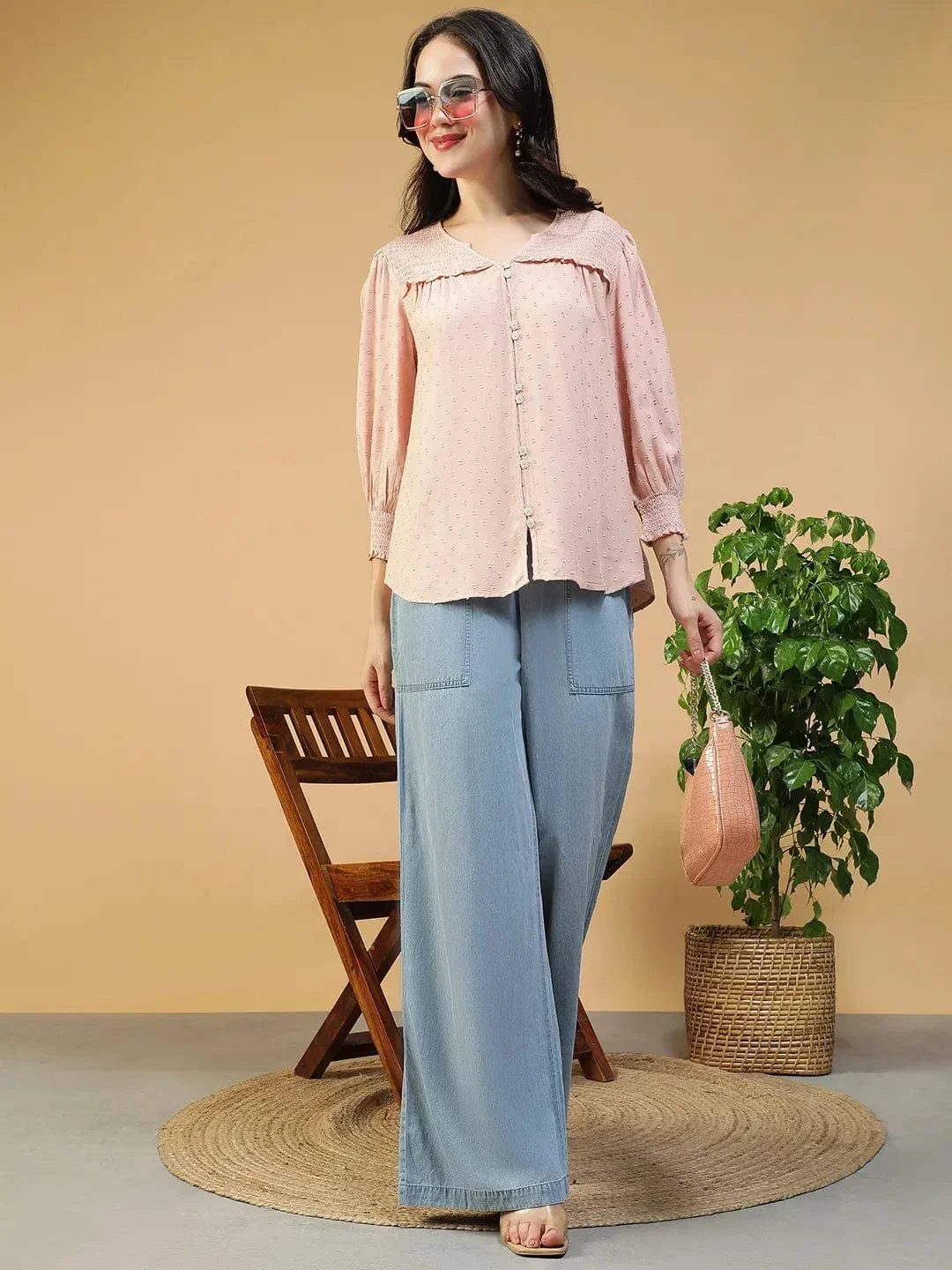 Peach Button Down Top - Women's Long Sleeve V Neck Blouse With Ruffle Detail - Image 8