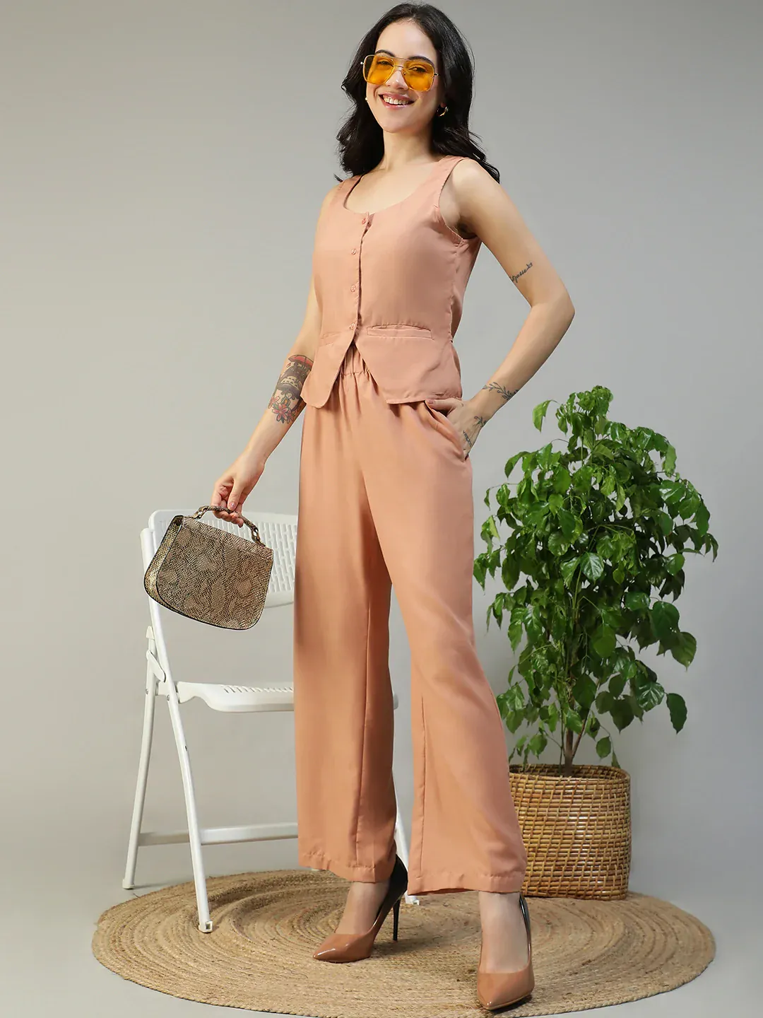 Peach Cotton Linen Women Co-Ord Set - Image 3