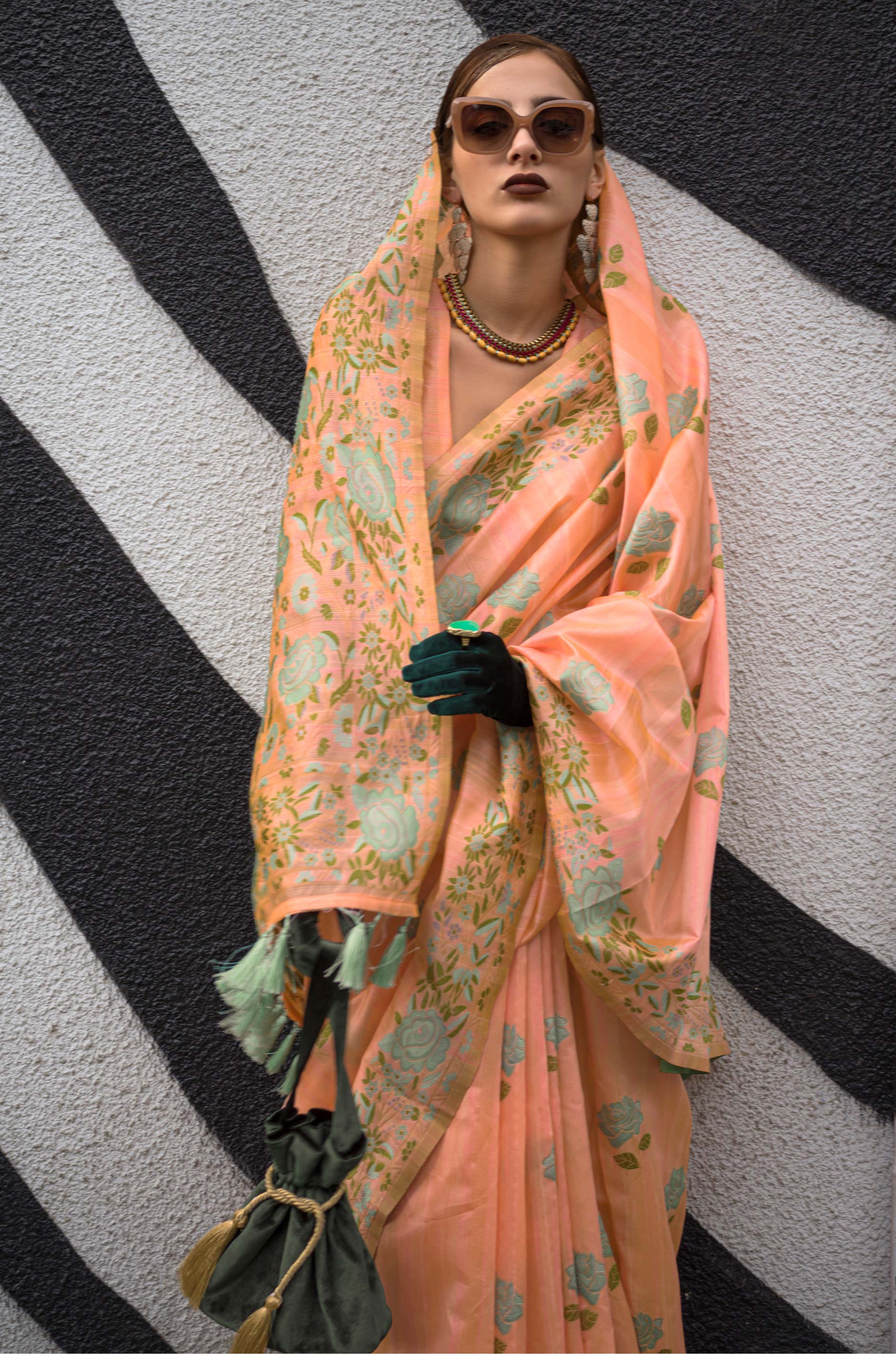 Peach Floral Parsi Woven Silk Saree - Image 2