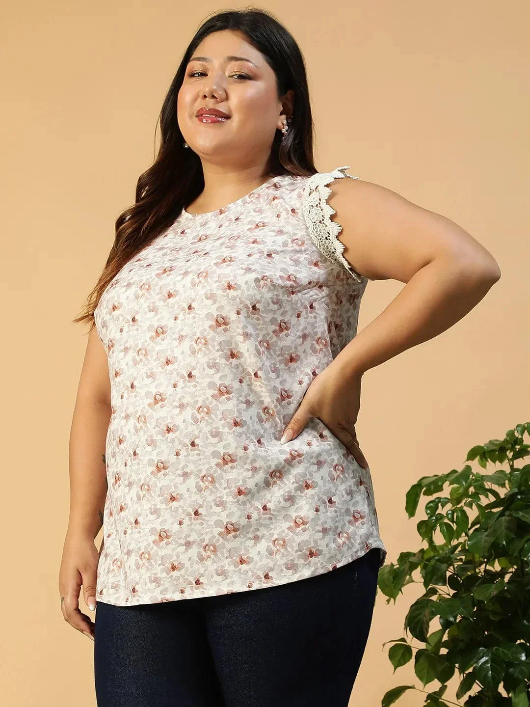 Peach Floral Print Lace Detail Cap Sleeve Plus Size Women Top - Image 3