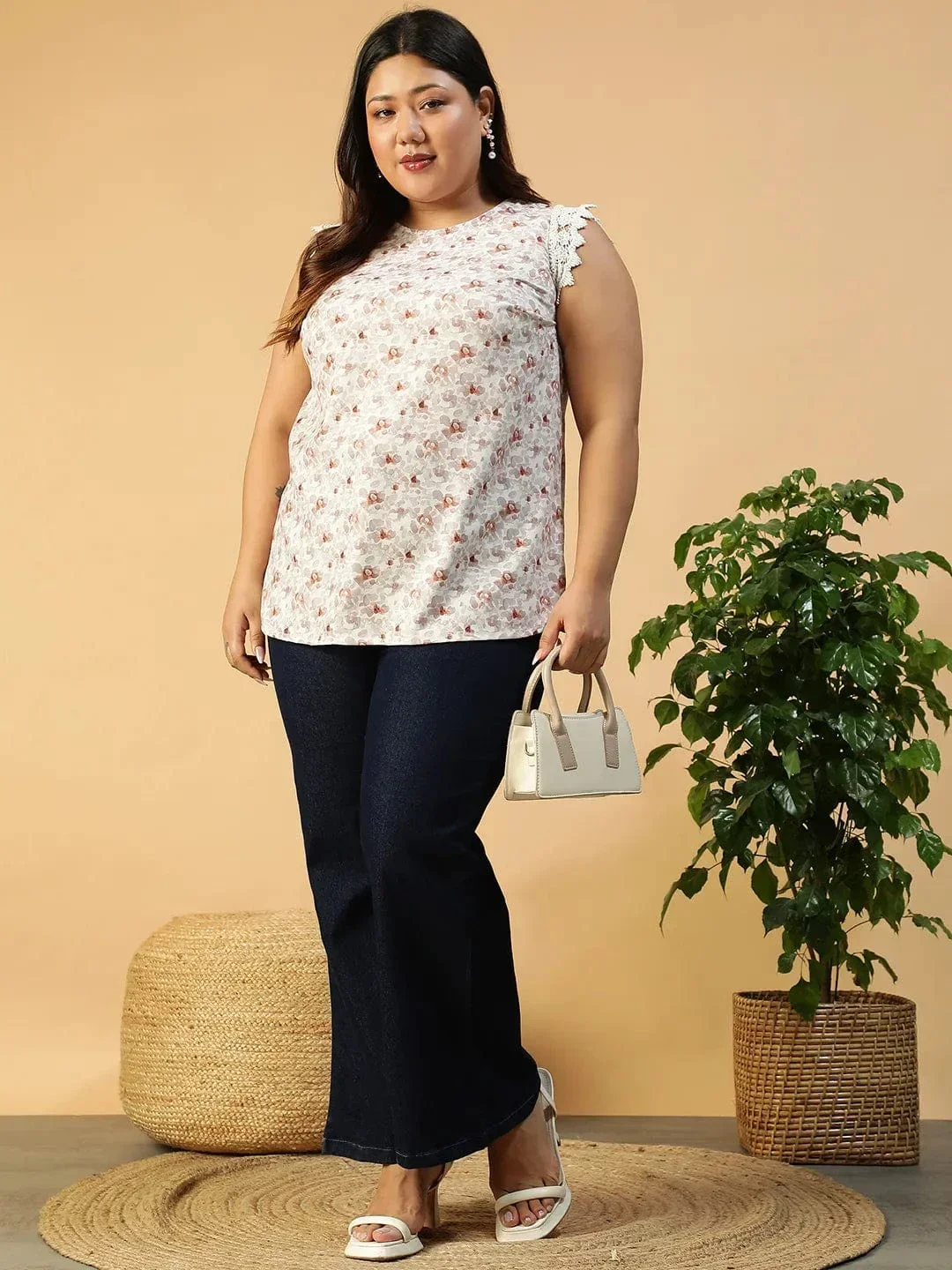 Peach Floral Print Lace Detail Cap Sleeve Plus Size Women Top - Image 7