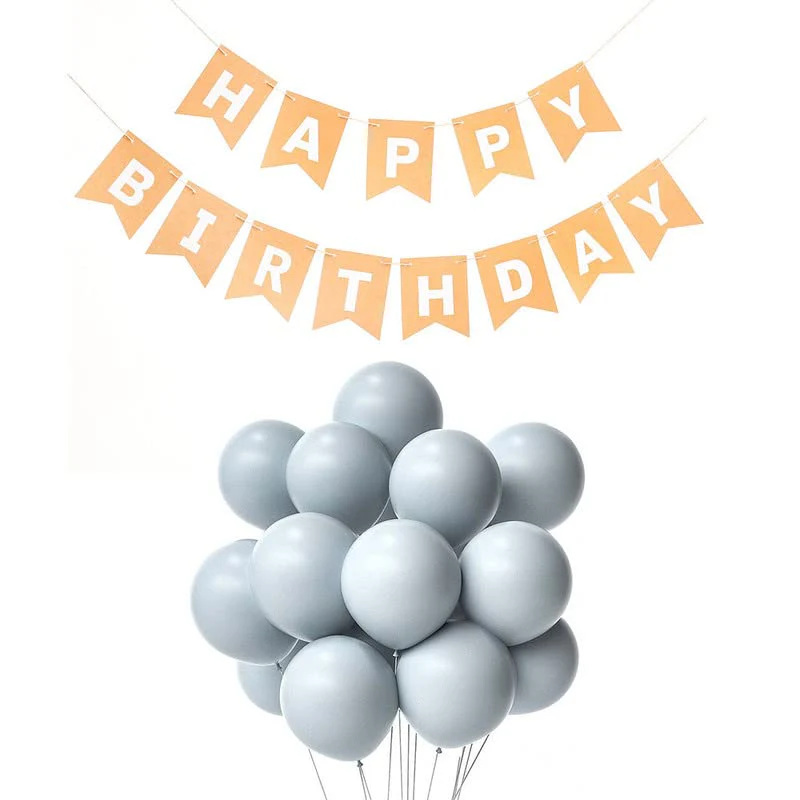 Peach Happy Birthday Banner And Pastel Grey Metallic Balloons