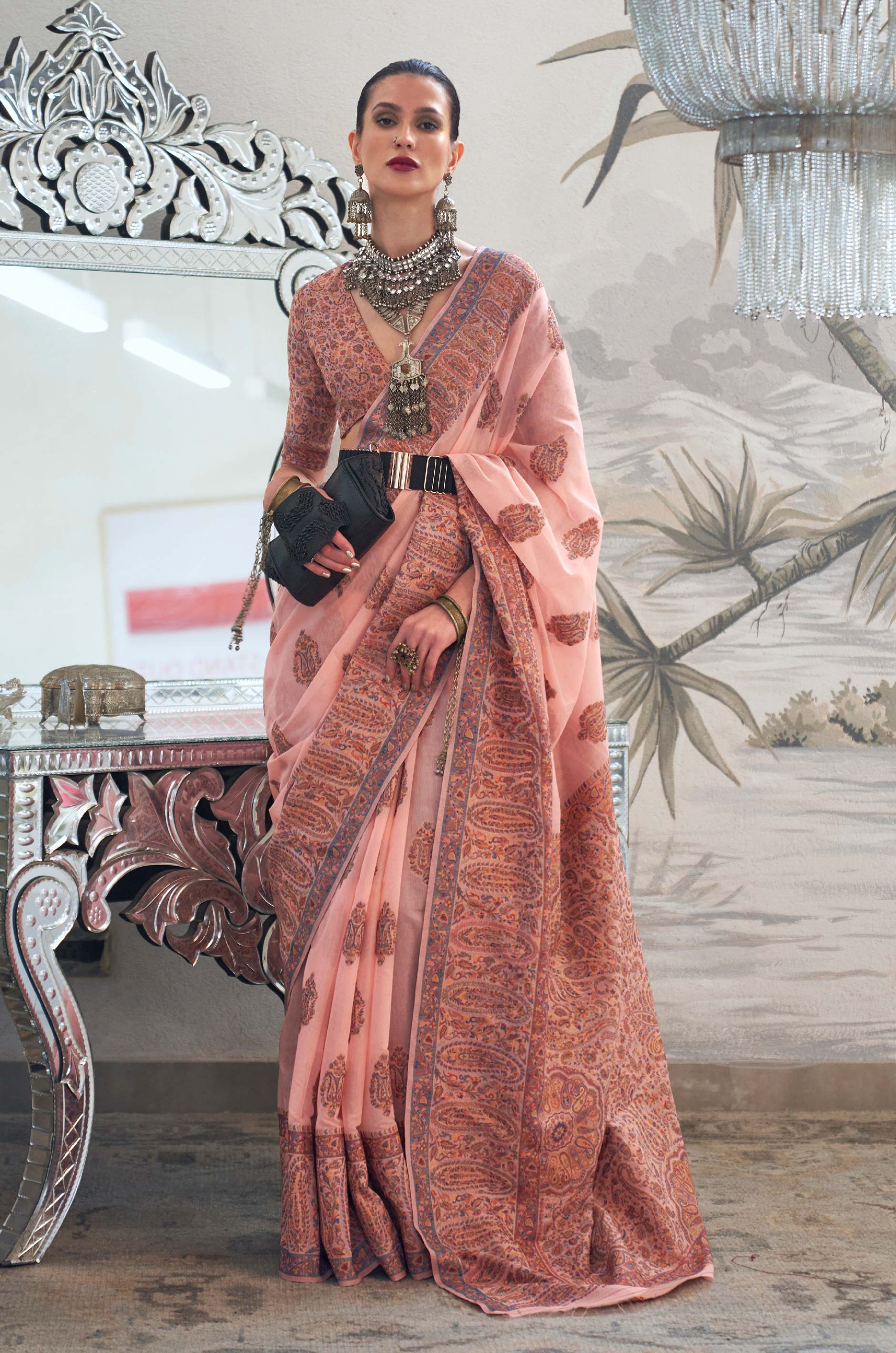 Peach Kashmiri Modal Silk Saree