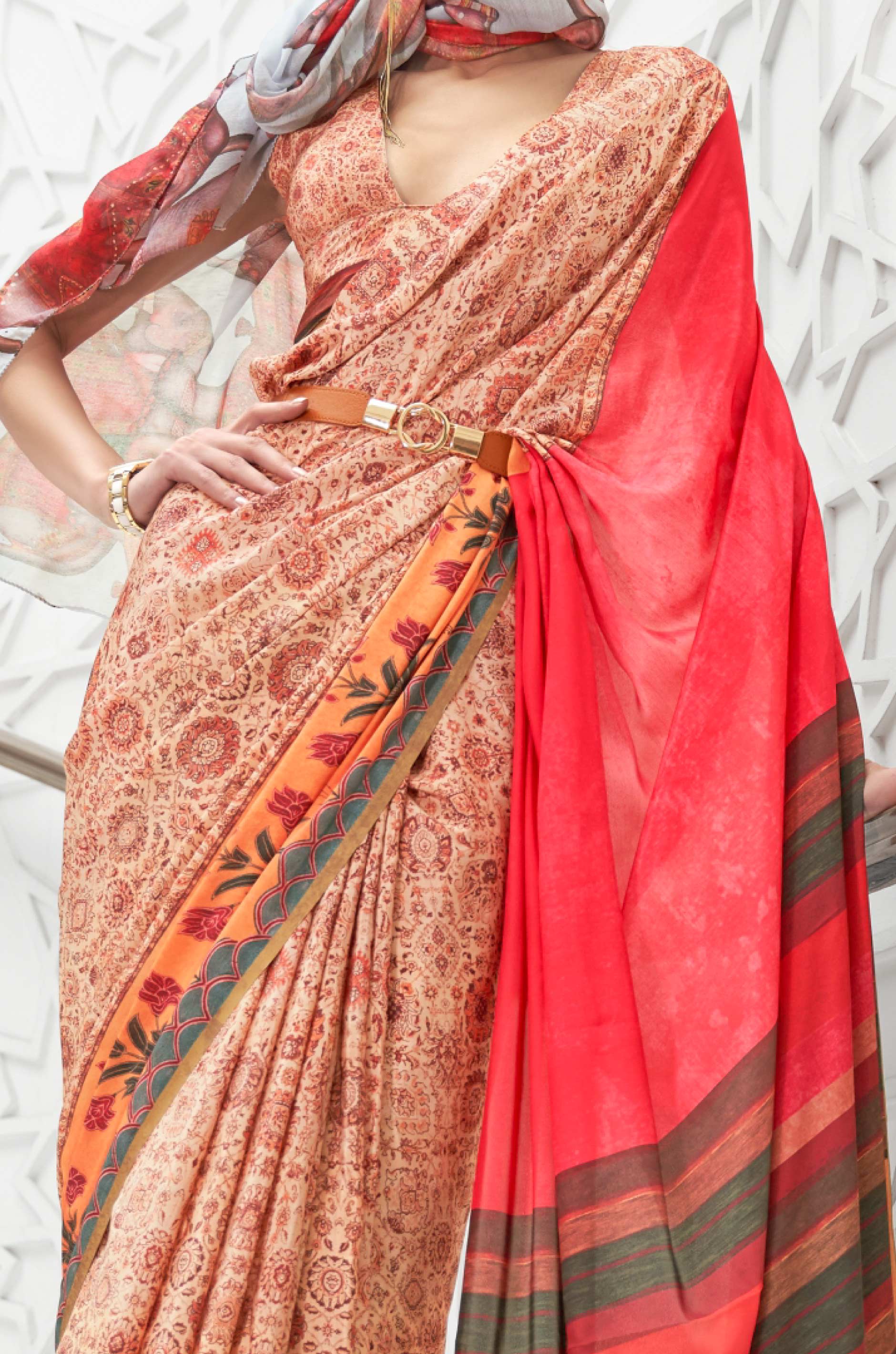 Peach Multicolour Satin Crepe Saree - Image 3