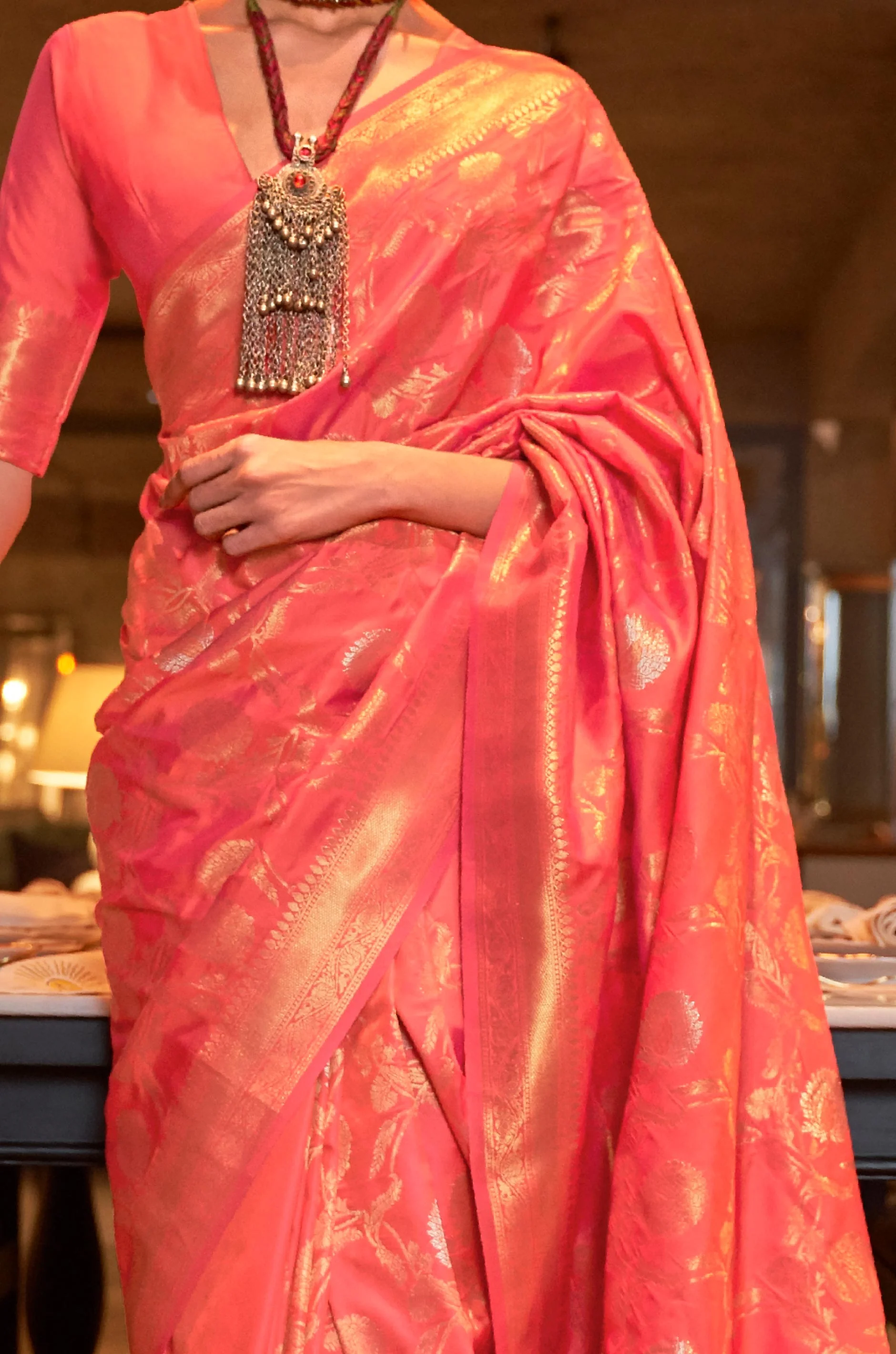 Peach Pink Woven Banarasi Silk Saree - Image 3