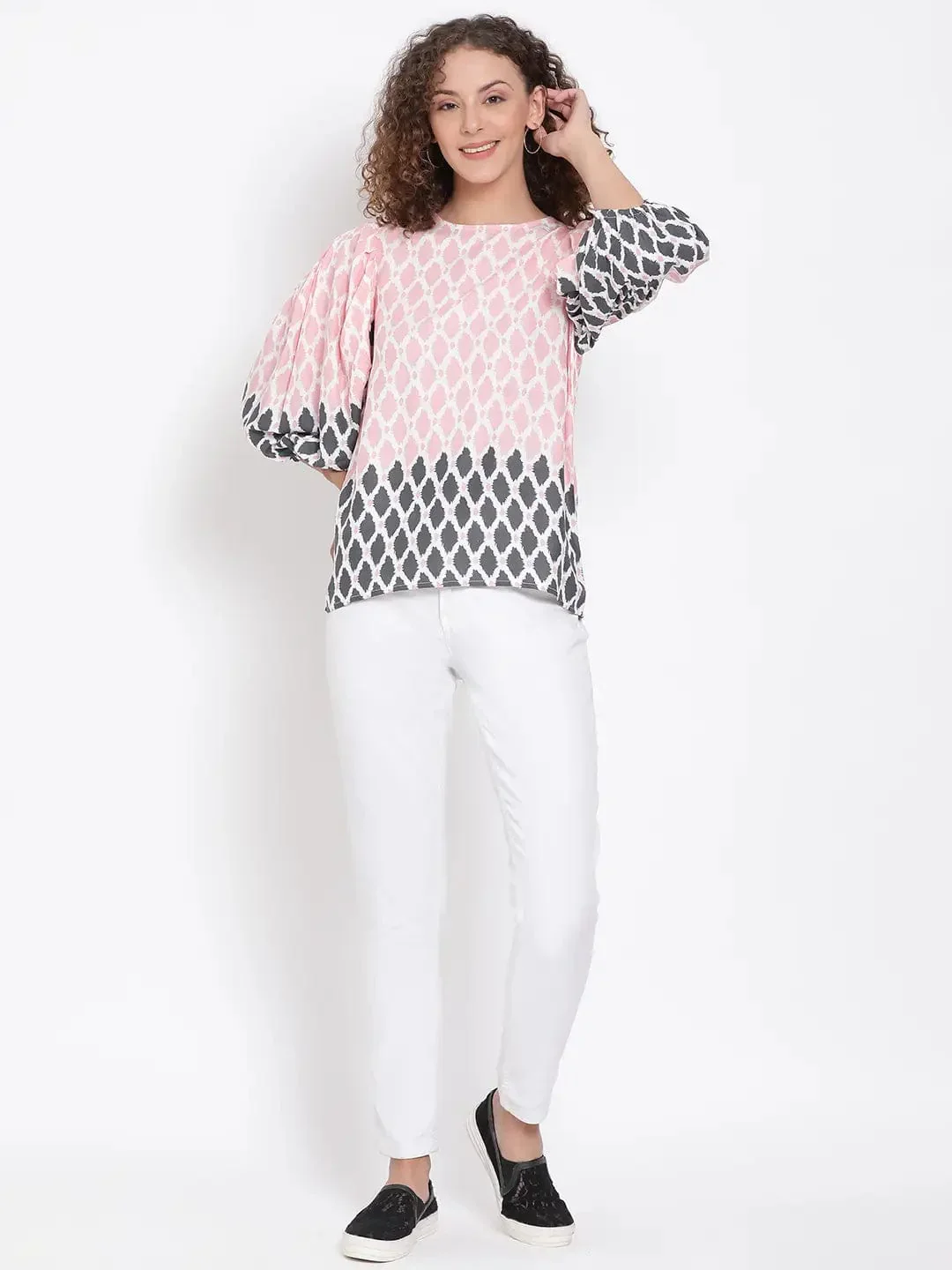 Peach Printed Statement Sleeve Top - Image 2