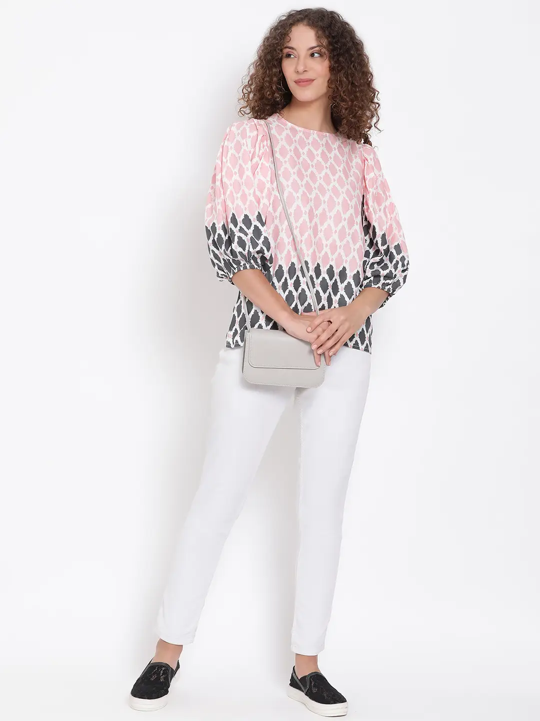 Peach Printed Statement Sleeve Top - Image 7