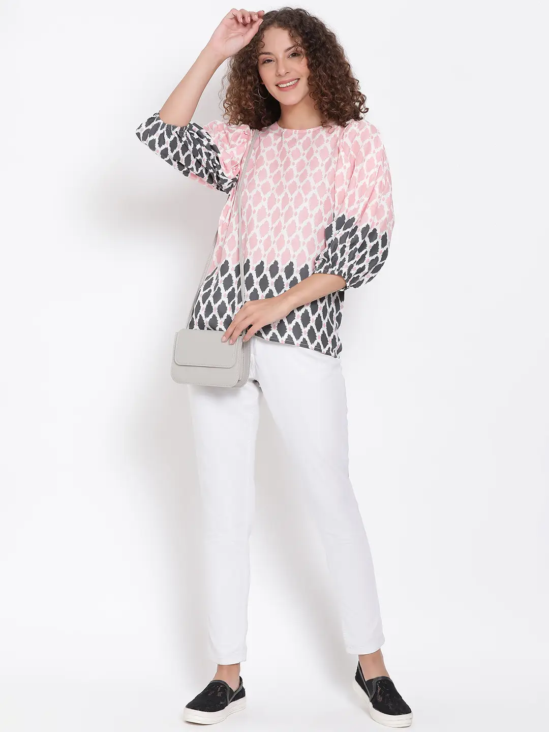 Peach Printed Statement Sleeve Top - Image 8